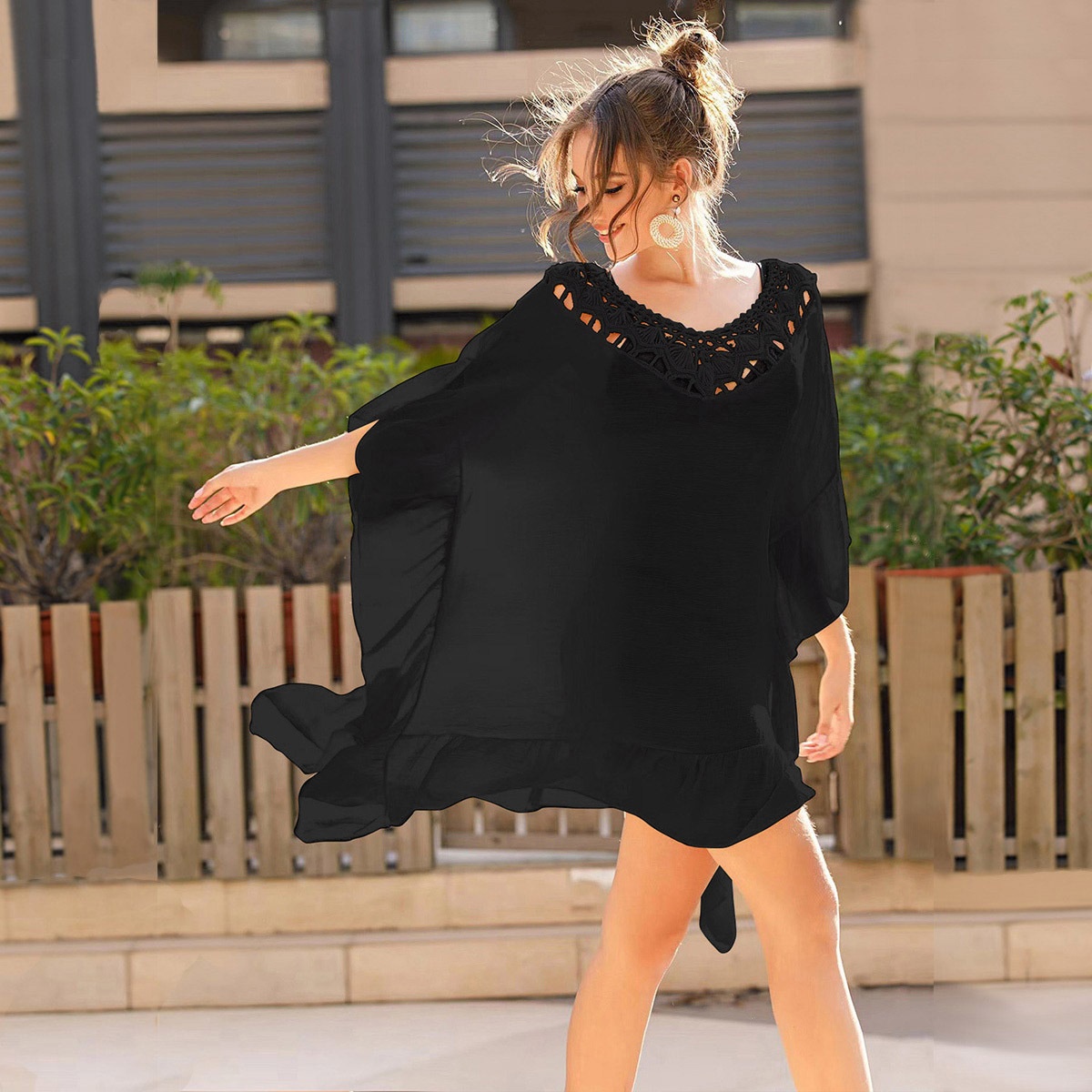 Black Crochet V-Neck Beach Cover Up Kaftan Dress