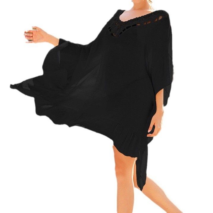 Black Crochet V-Neck Beach Cover Up Kaftan Dress