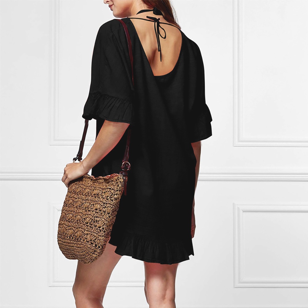 Ruffled V-Neck Beach Cover-Up Tunic - Crinkle Fabric