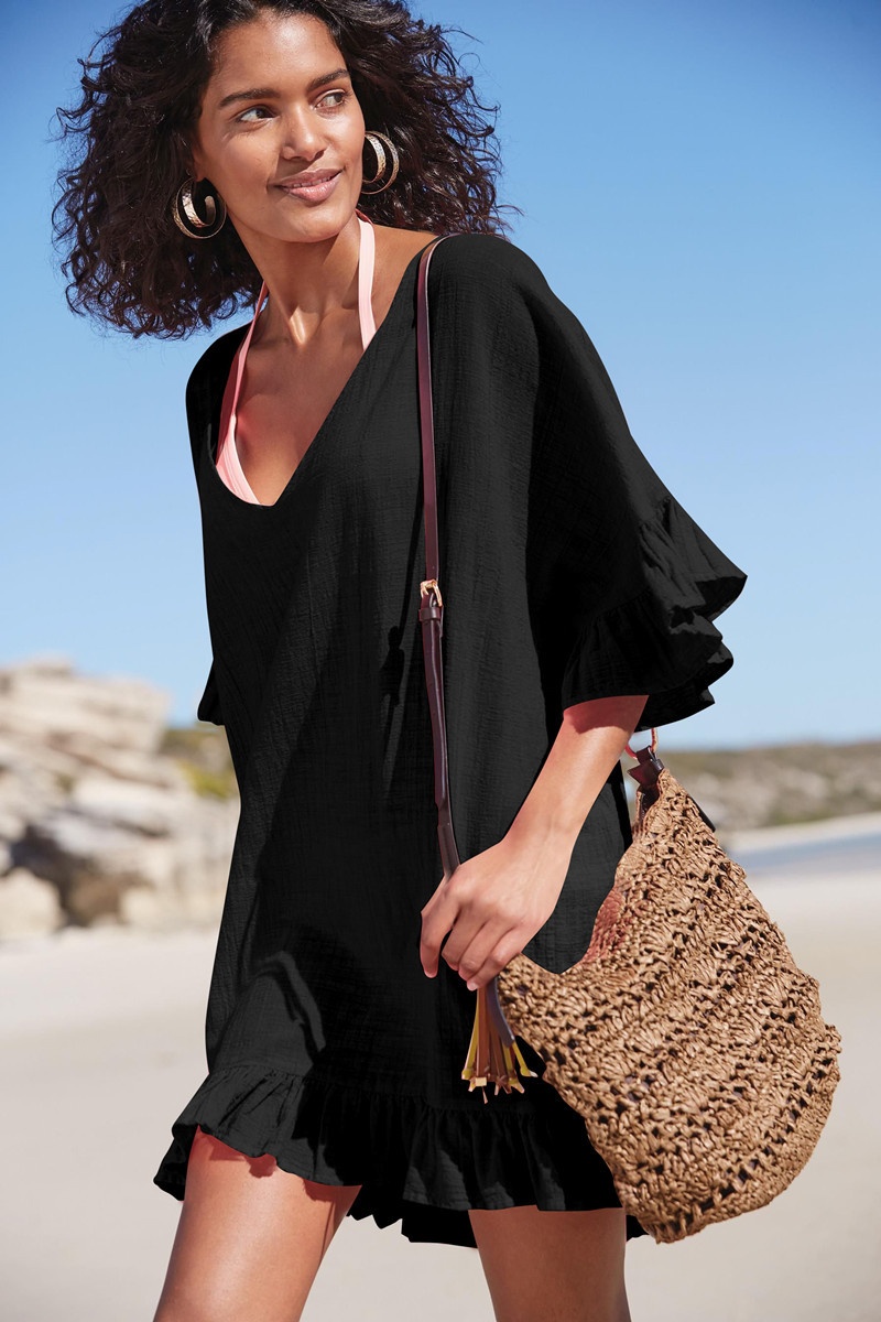 Ruffled V-Neck Beach Cover-Up Tunic - Crinkle Fabric