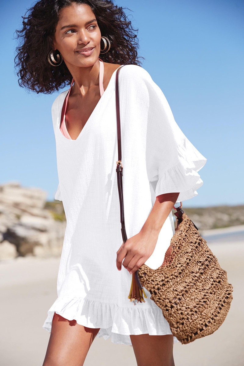 Ruffled V-Neck Beach Cover-Up Tunic - Crinkle Fabric