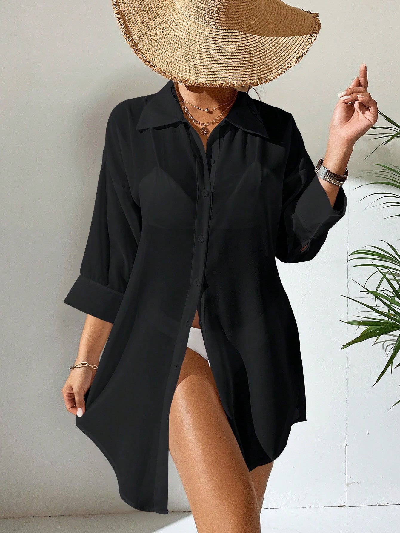 Sheer Button-Up Beach Cover-Up Shirt for Women