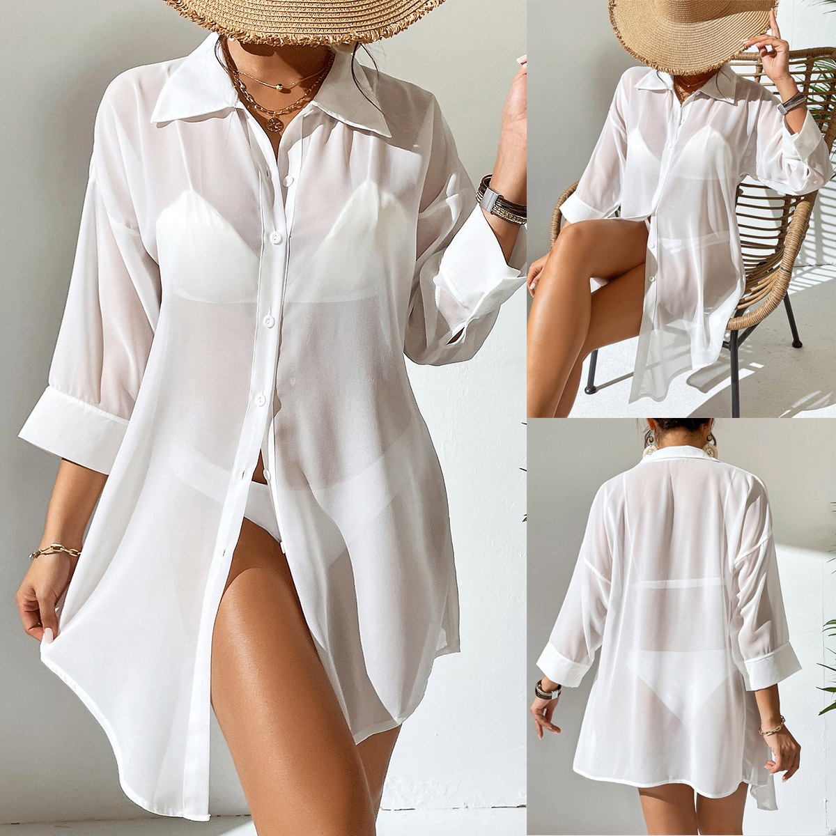 Sheer Button-Up Beach Cover-Up Shirt for Women