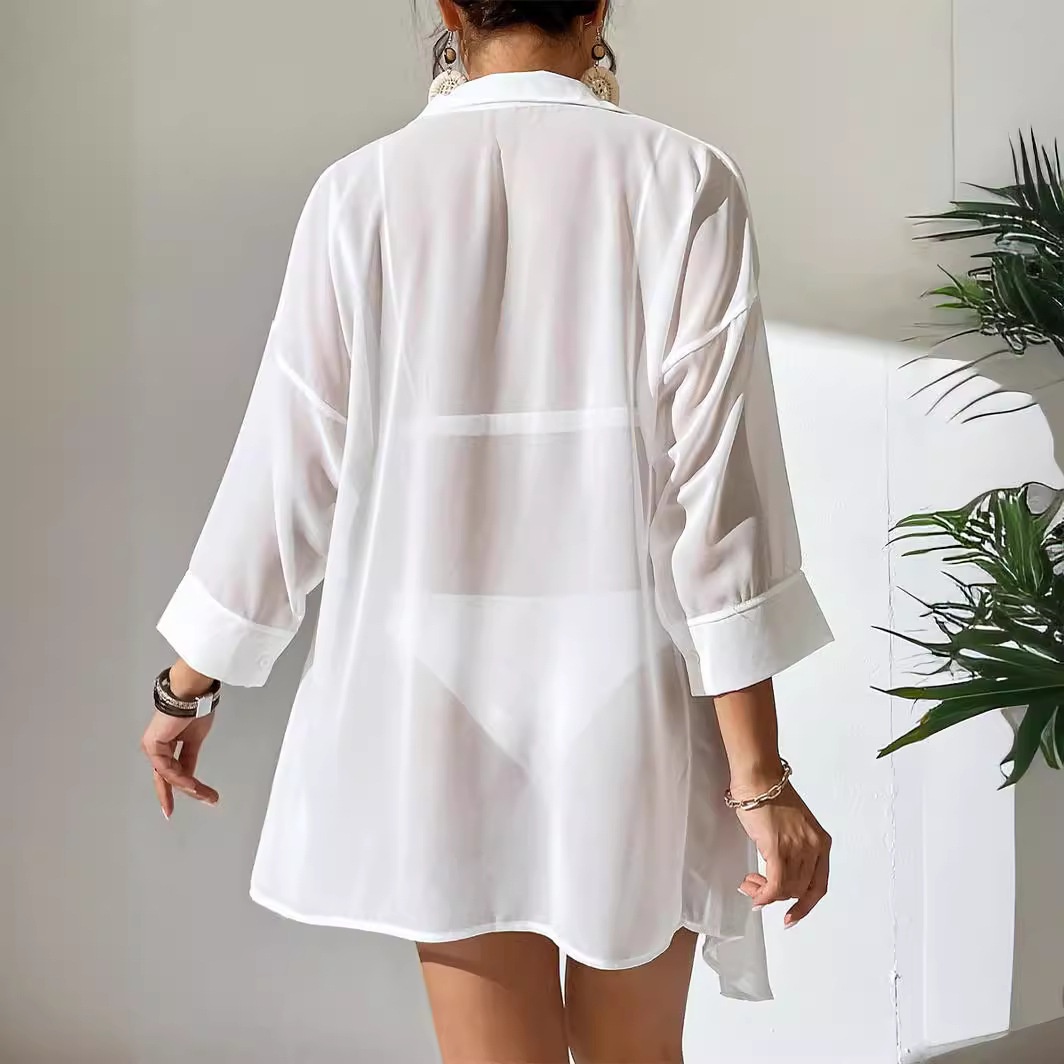 Sheer Button-Up Beach Cover-Up Shirt for Women