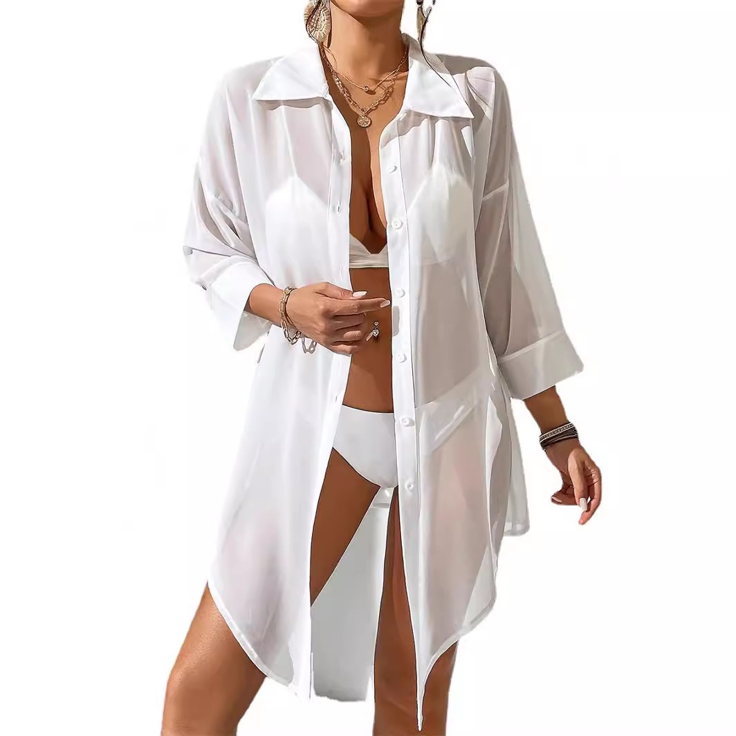 Sheer Button-Up Beach Cover-Up Shirt for Women