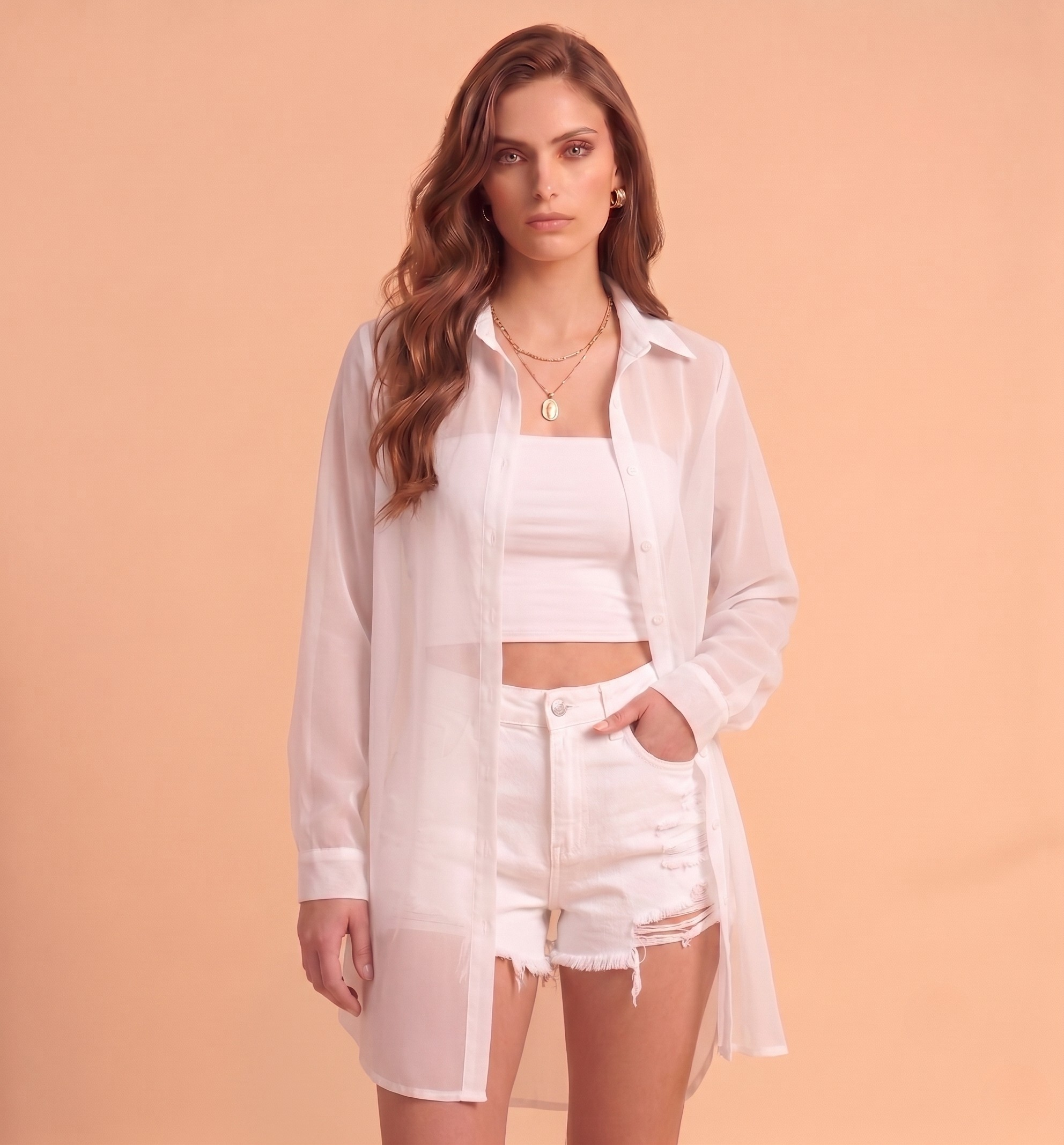 Sheer Button-Up Beach Cover-Up Shirt for Women