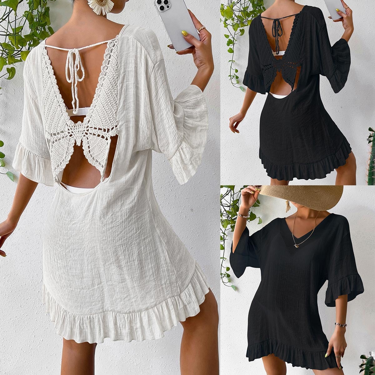 Women's Crochet Butterfly Back Beach Cover Up Tunic Dress