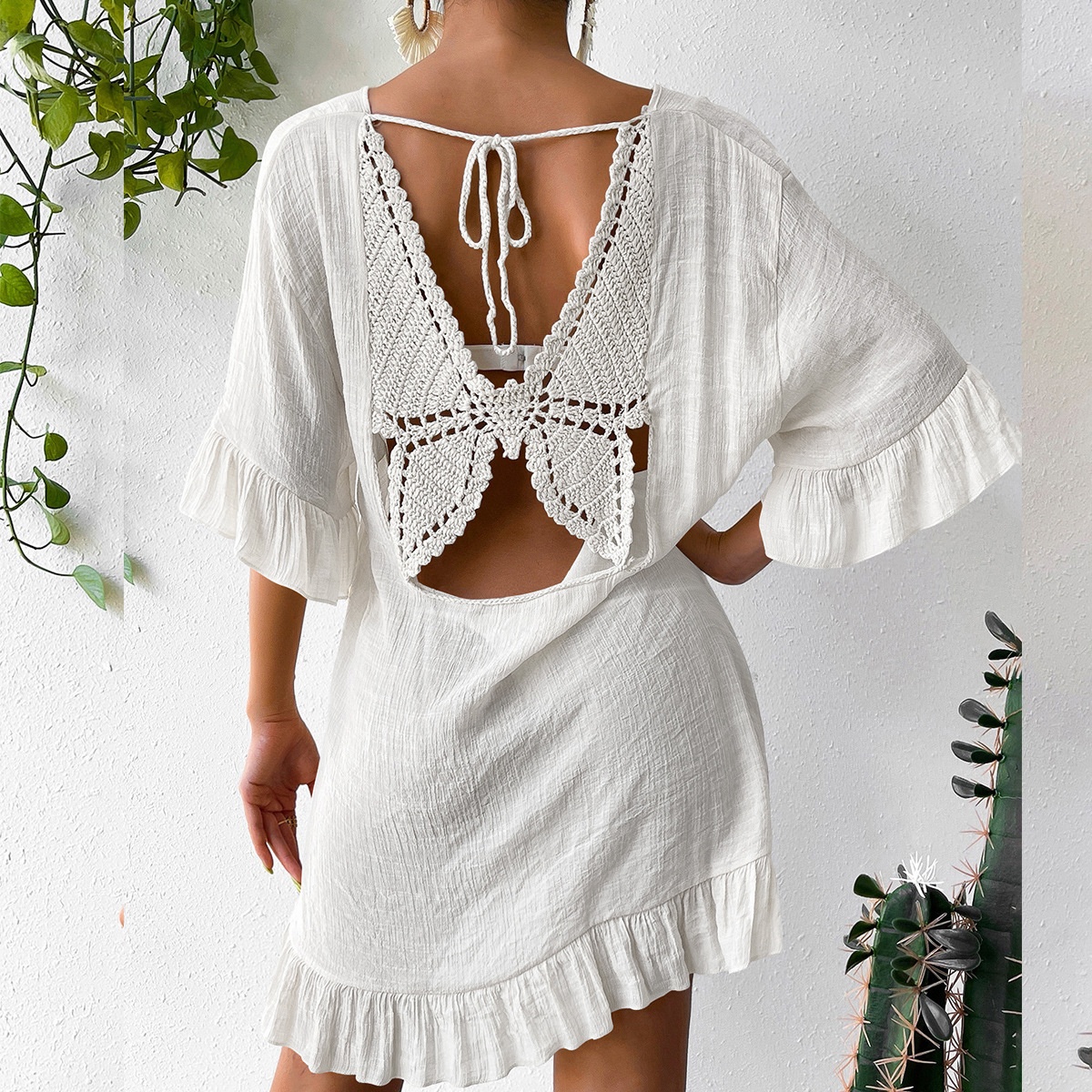 Women's Crochet Butterfly Back Beach Cover Up Tunic Dress