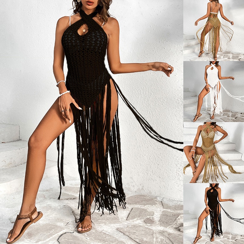 Crochet Halter Fringe Beach Cover Up Dress - Swimwear