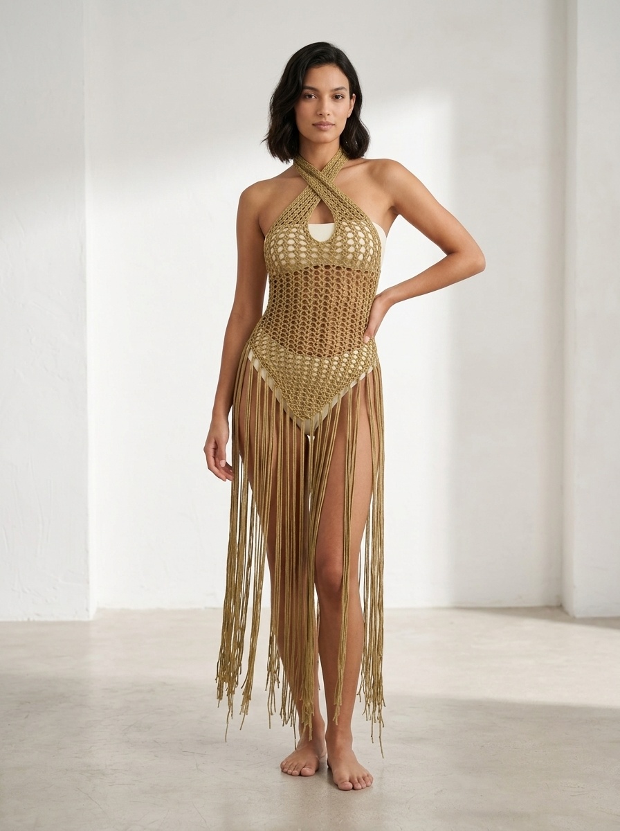 Crochet Halter Fringe Beach Cover Up Dress - Swimwear