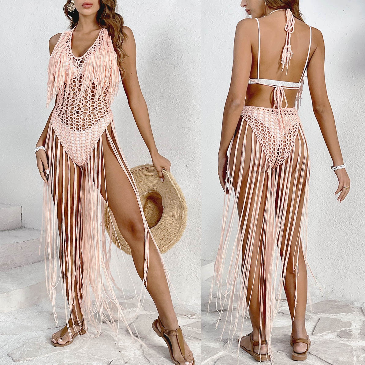Crochet Fringe Halter Maxi Beach Cover Up Dress - Apricot Pink