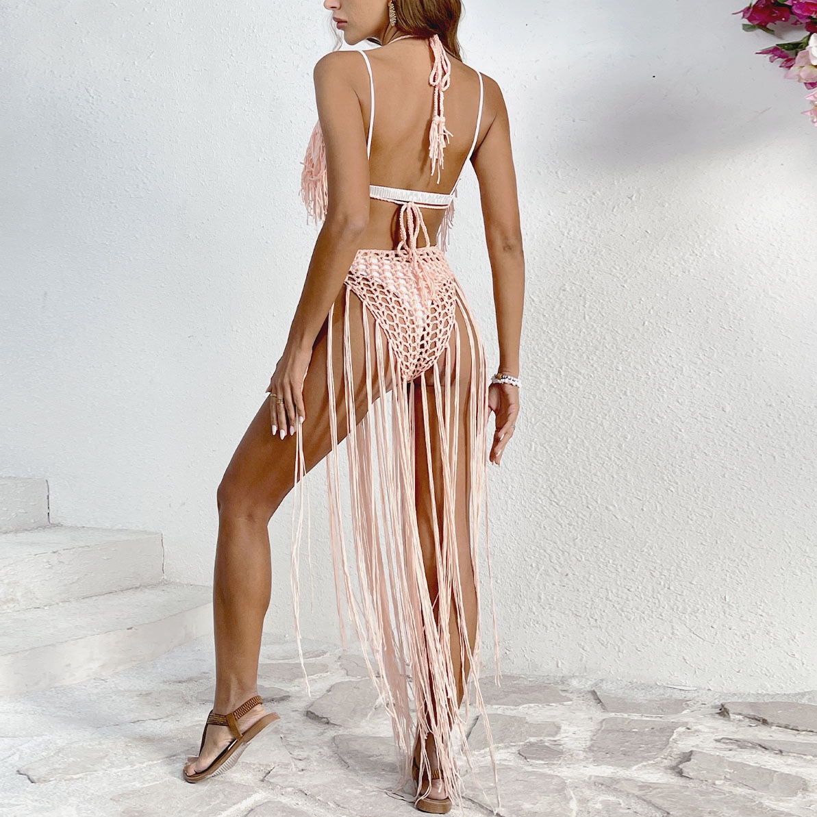 Crochet Fringe Halter Maxi Beach Cover Up Dress - Apricot Pink