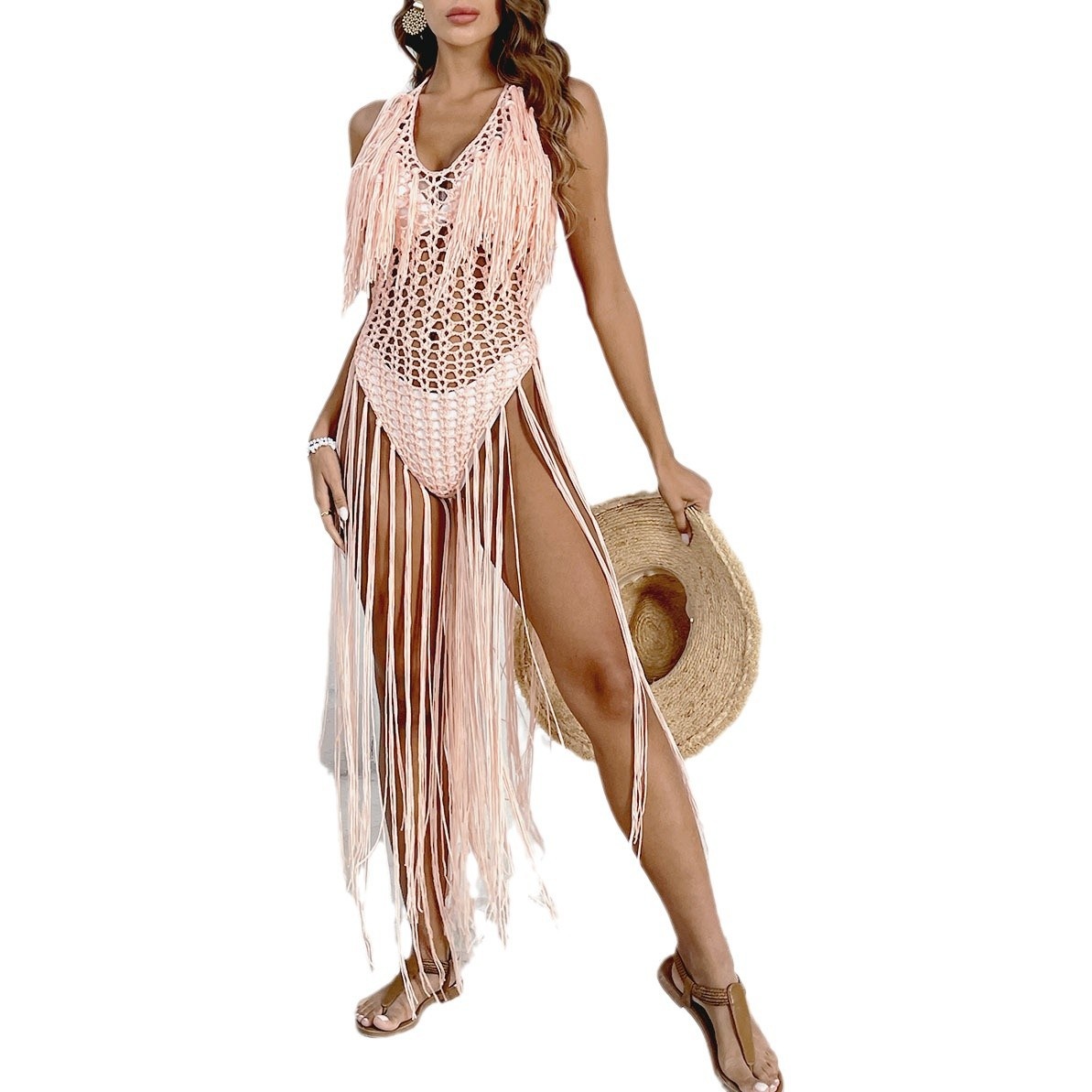 Crochet Fringe Halter Maxi Beach Cover Up Dress - Apricot Pink