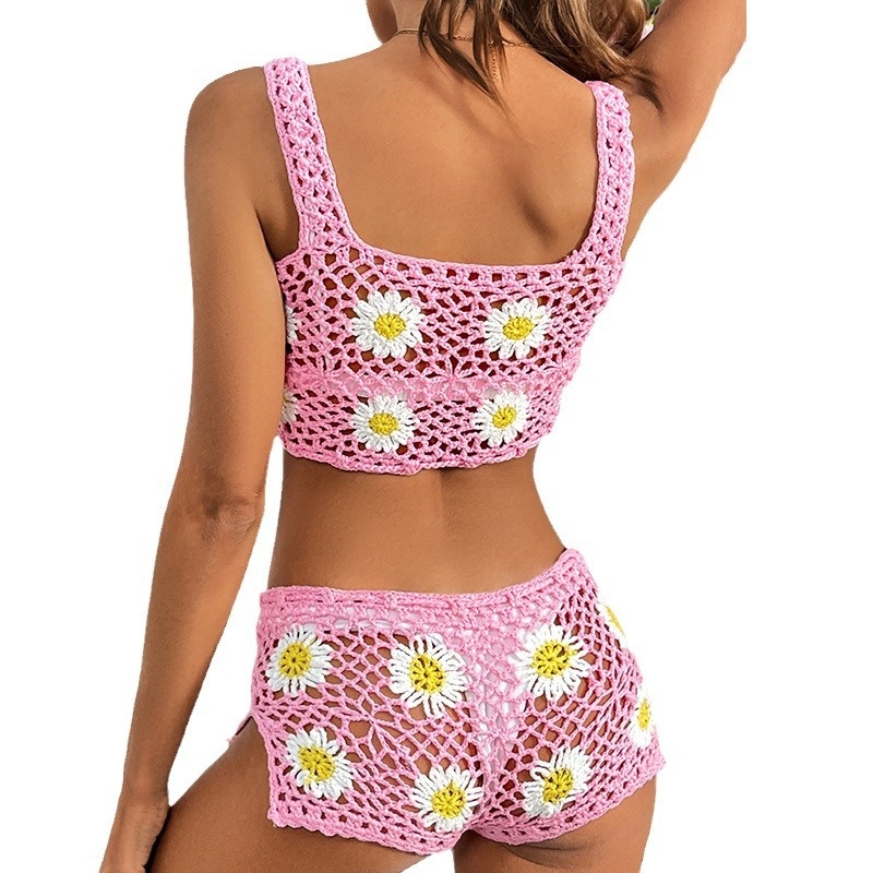 Crochet Daisy Knit Crop Top & Shorts Set - Beach Two Piece