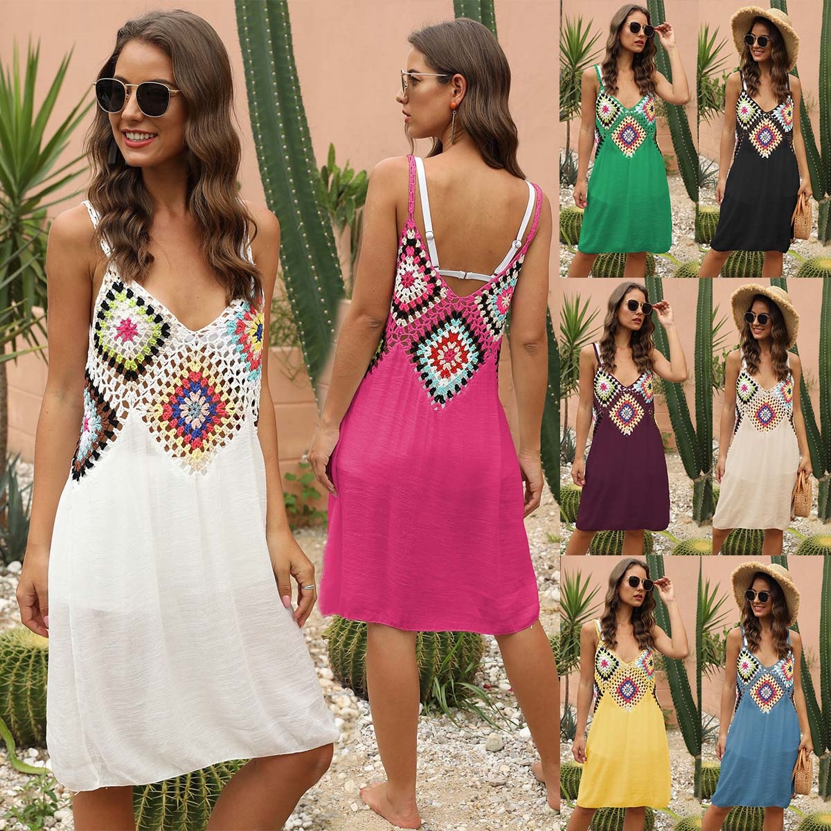 Women's Crochet Knit Beach Cover Up Dress V-Neck Sleeveless