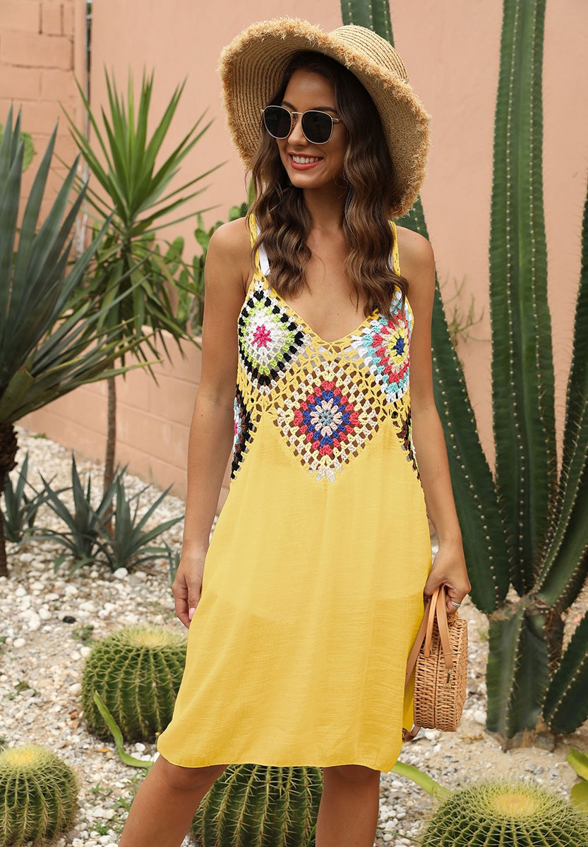 Women's Crochet Knit Beach Cover Up Dress V-Neck Sleeveless