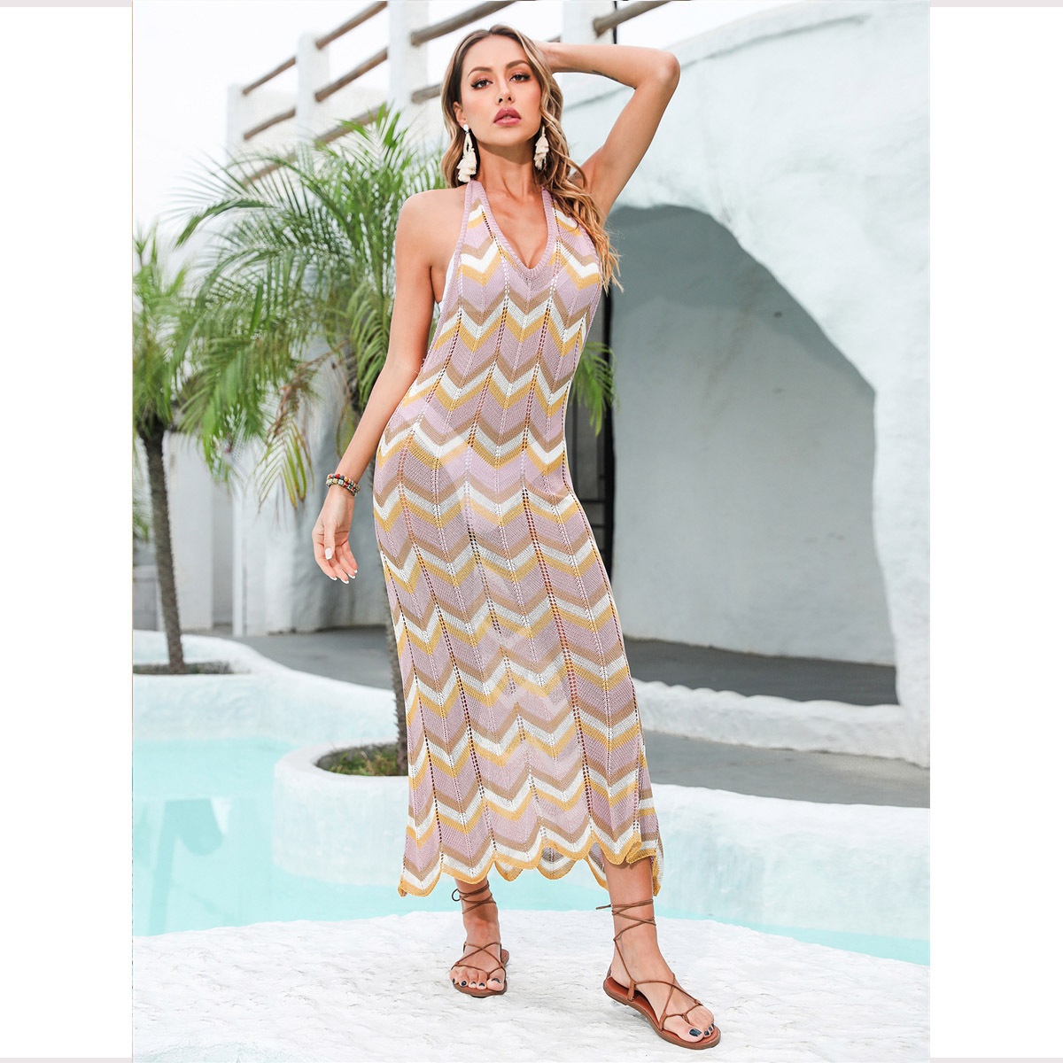Boho Chevron Knit Halter Maxi Dress - Beach Cover-Up
