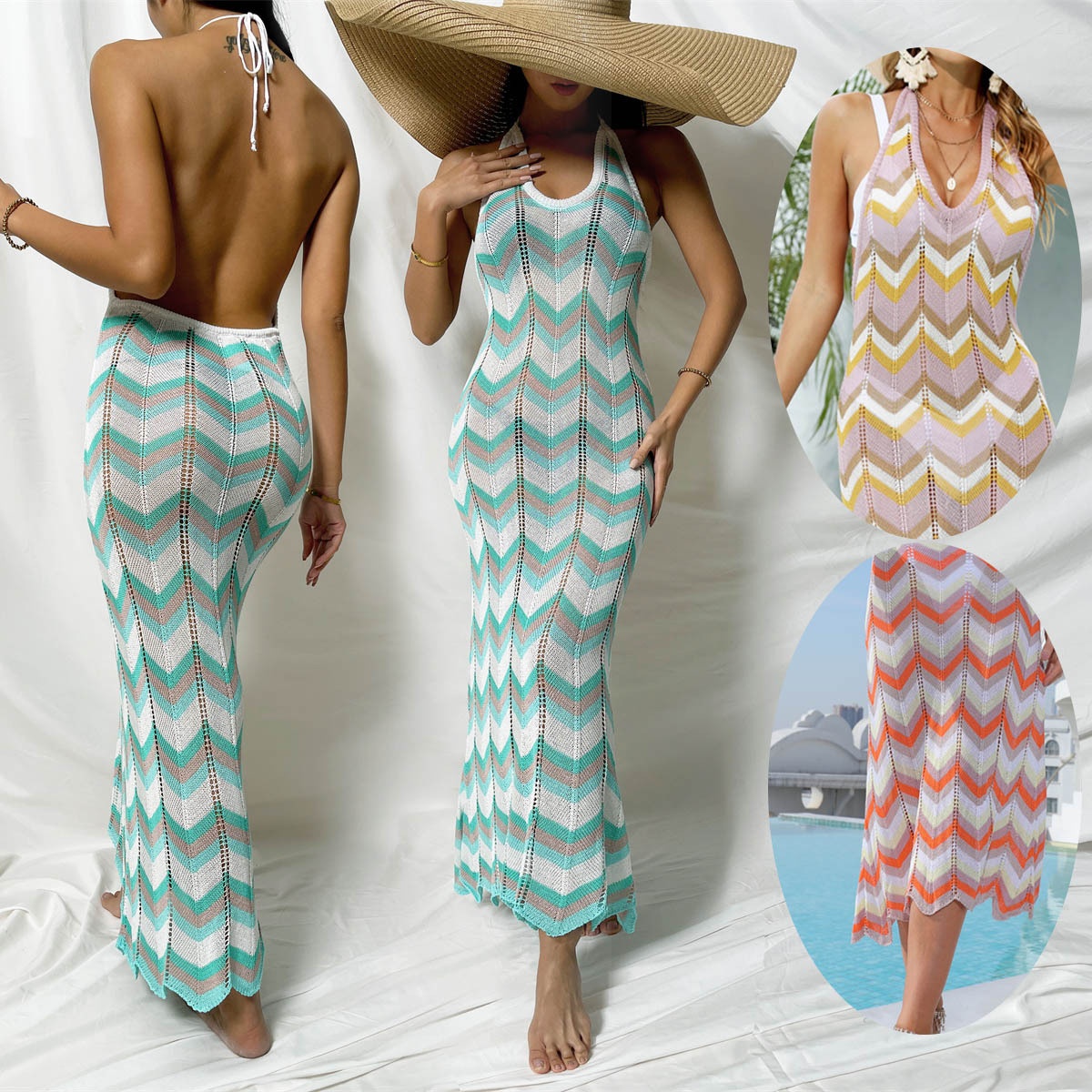 Boho Chevron Knit Halter Maxi Dress - Beach Cover-Up