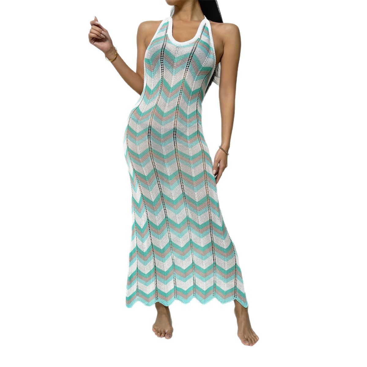 Boho Chevron Knit Halter Maxi Dress - Beach Cover-Up