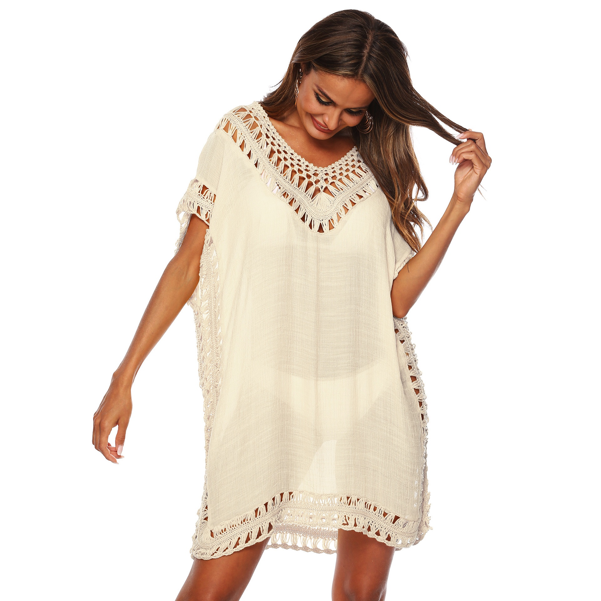 Women's Crochet V-Neck Beach Cover Up Tunic Dress