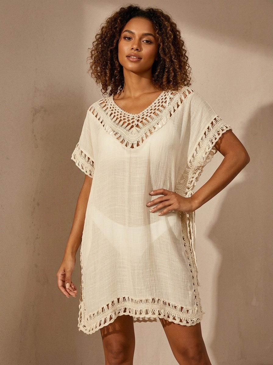 Women's Crochet V-Neck Beach Cover Up Tunic Dress
