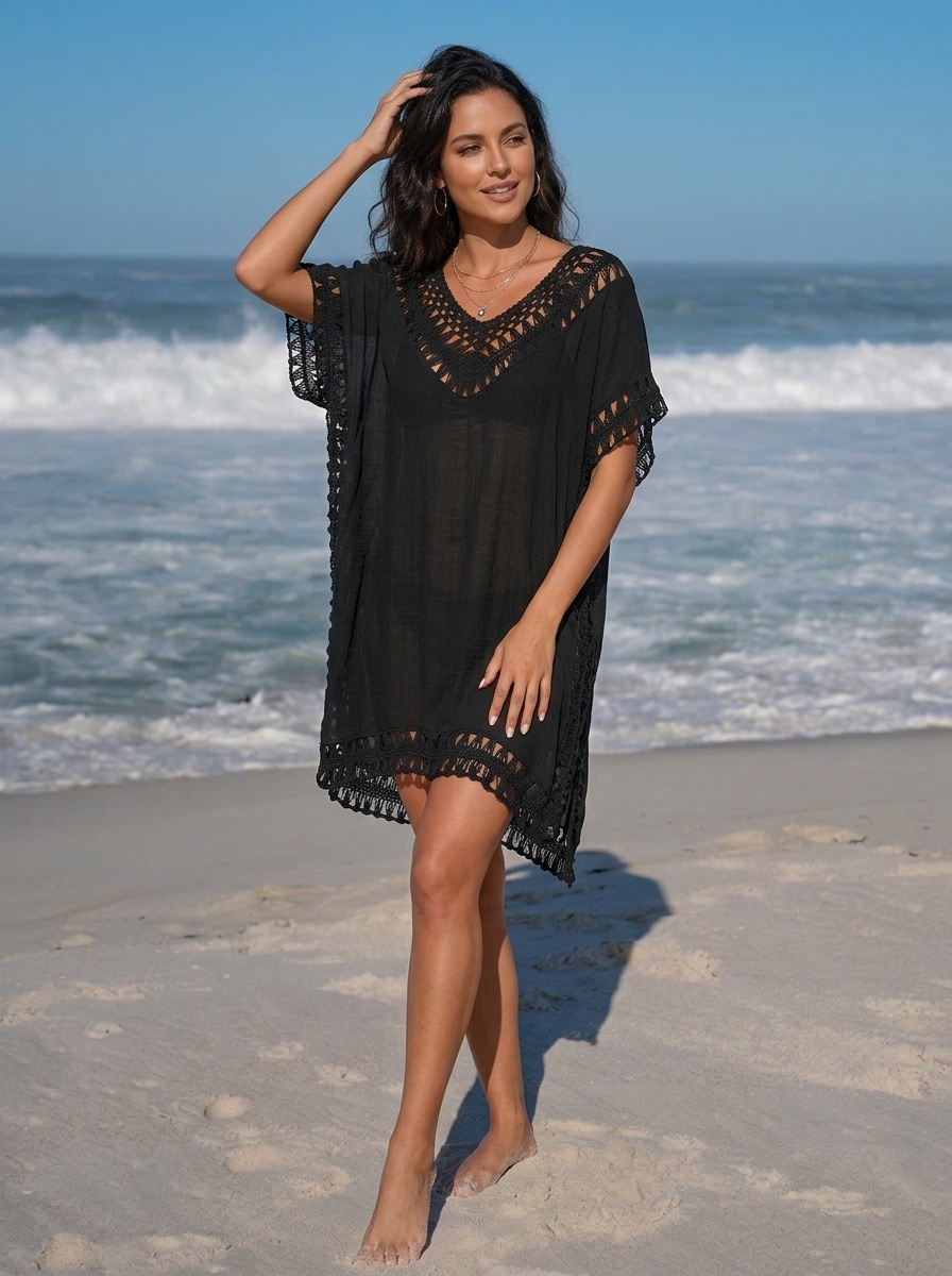 Women's Crochet V-Neck Beach Cover Up Tunic Dress