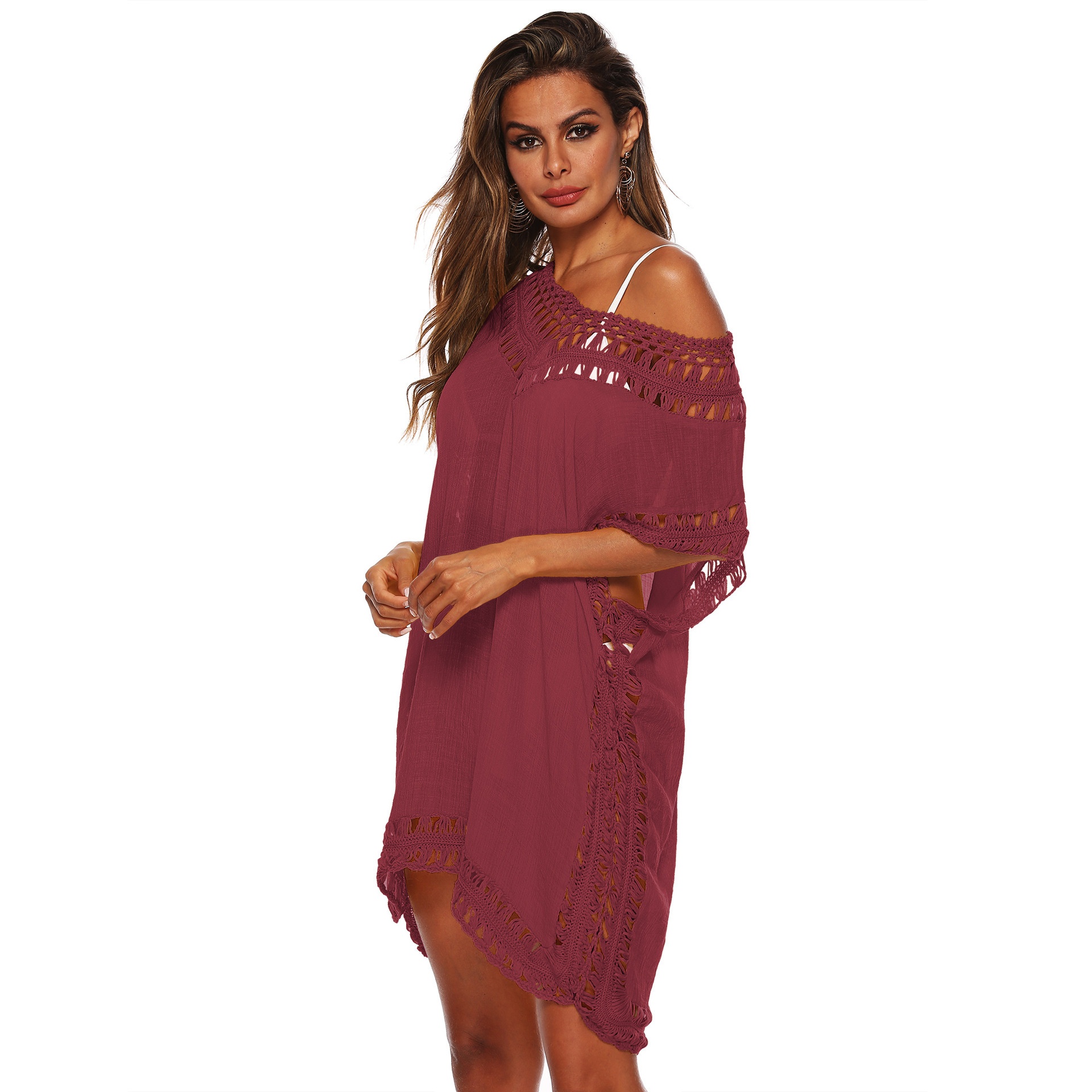 Women's Crochet V-Neck Beach Cover Up Tunic Dress