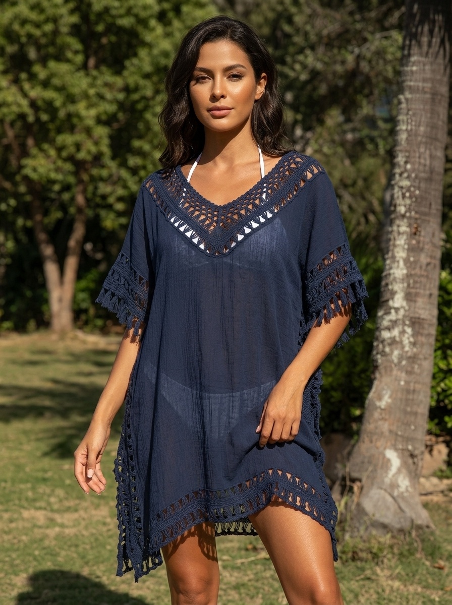 Women's Crochet V-Neck Beach Cover Up Tunic Dress