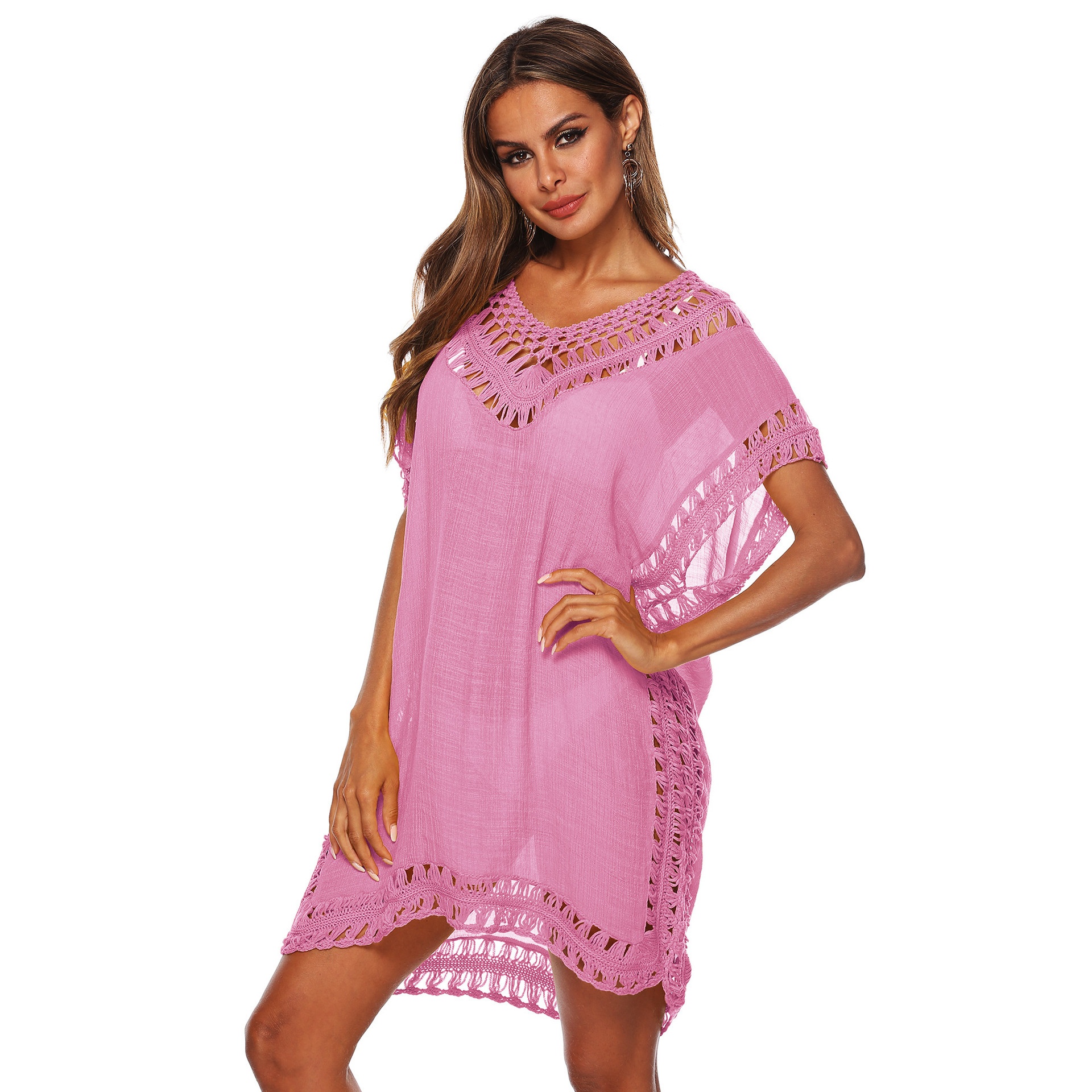Women's Crochet V-Neck Beach Cover Up Tunic Dress