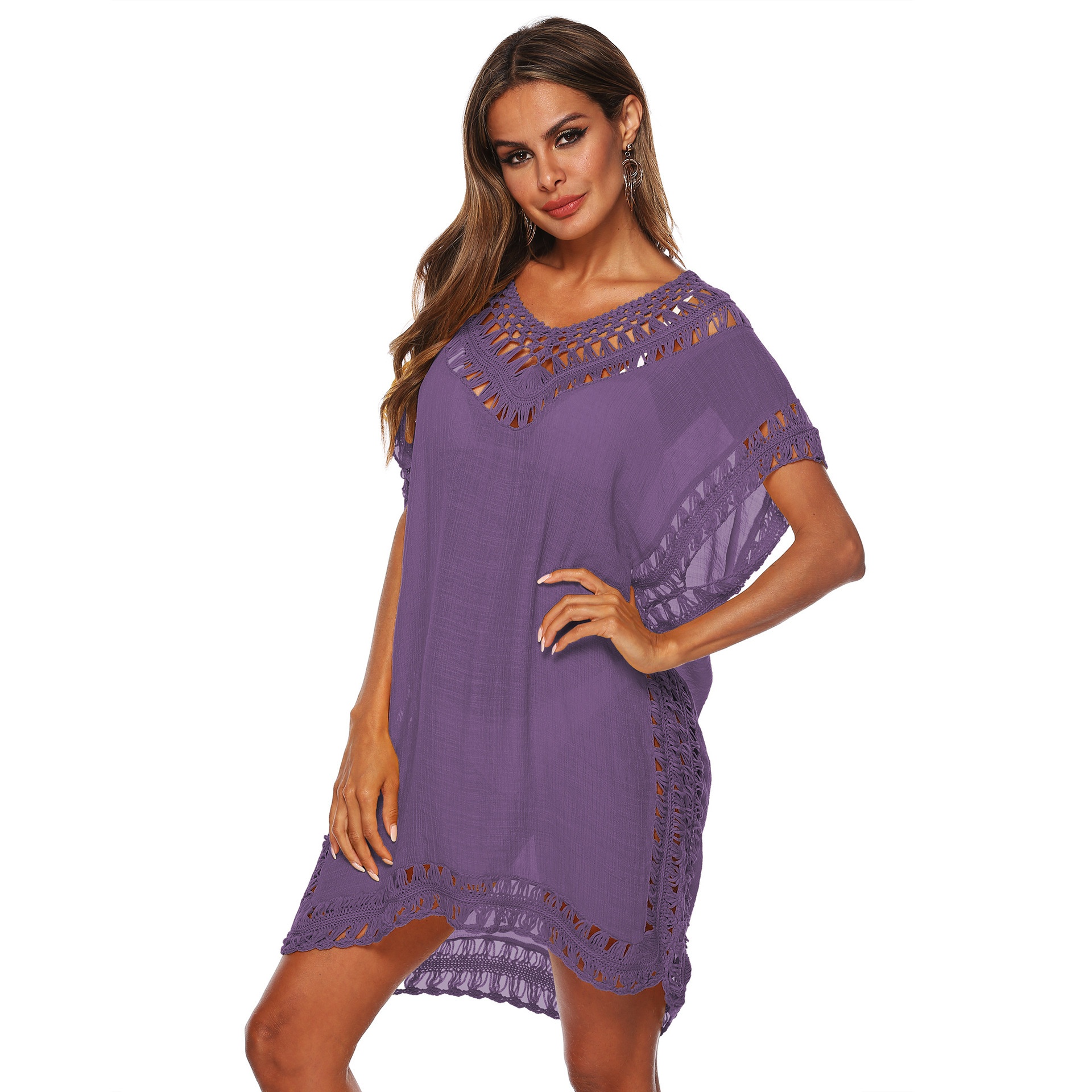Women's Crochet V-Neck Beach Cover Up Tunic Dress