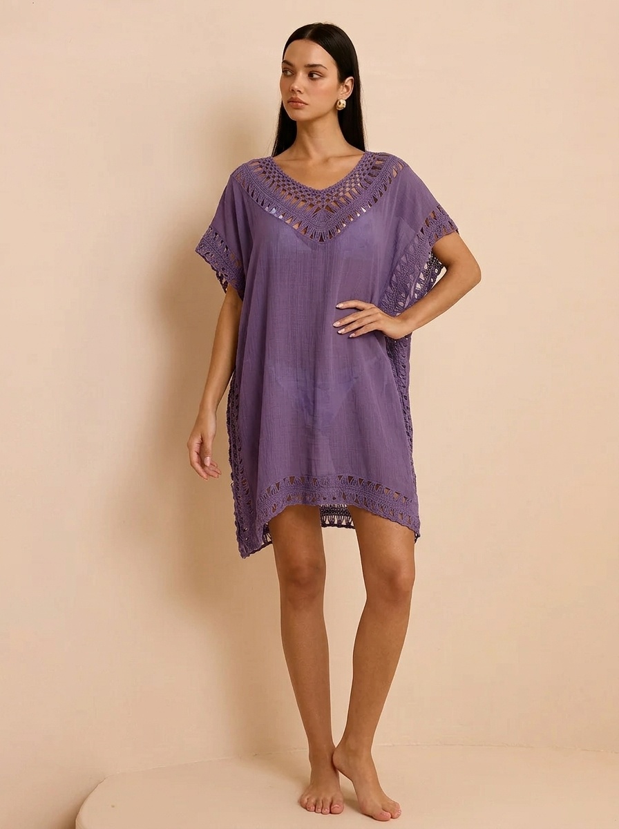 Women's Crochet V-Neck Beach Cover Up Tunic Dress
