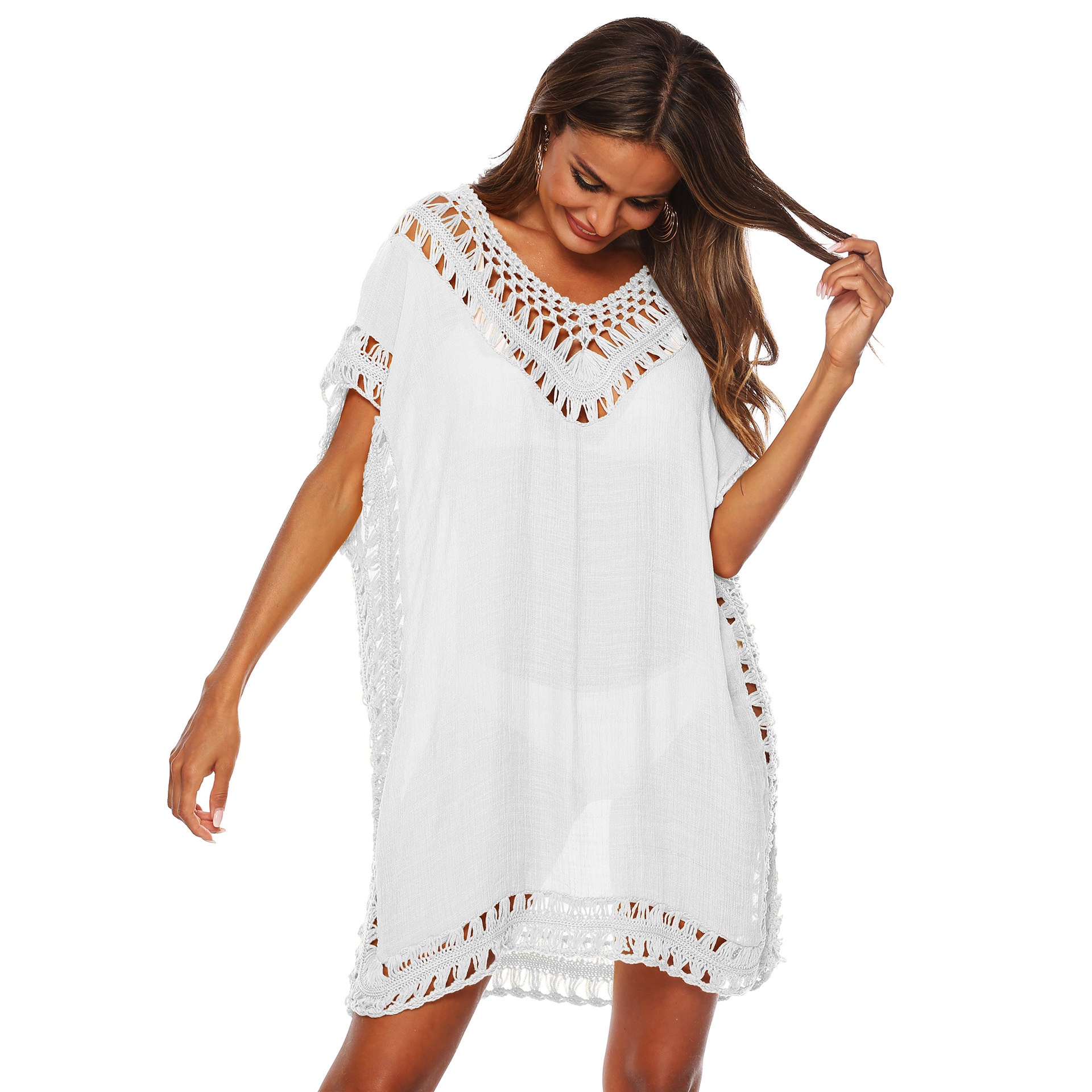Women's Crochet V-Neck Beach Cover Up Tunic Dress