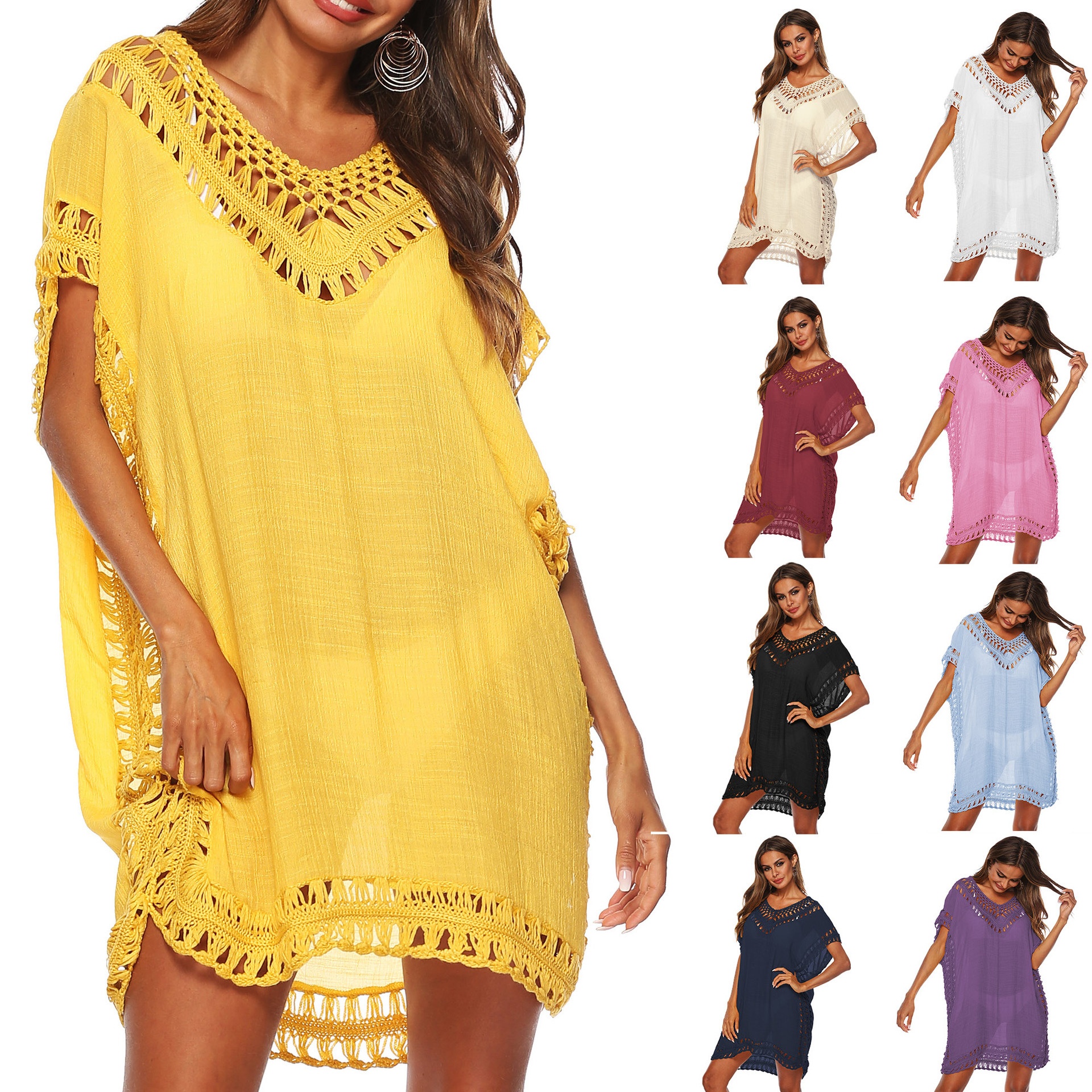 Women's Crochet V-Neck Beach Cover Up Tunic Dress