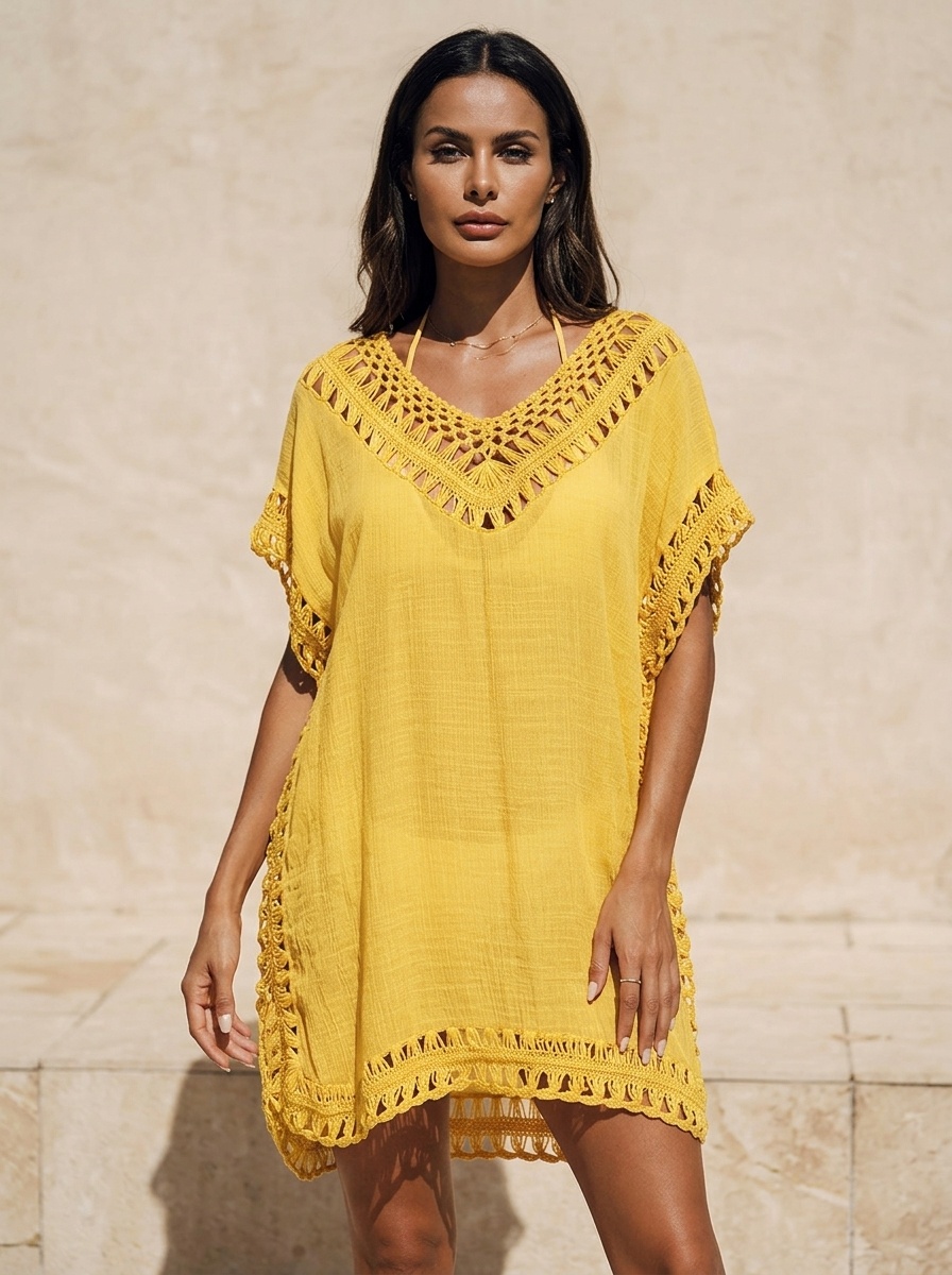 Women's Crochet V-Neck Beach Cover Up Tunic Dress