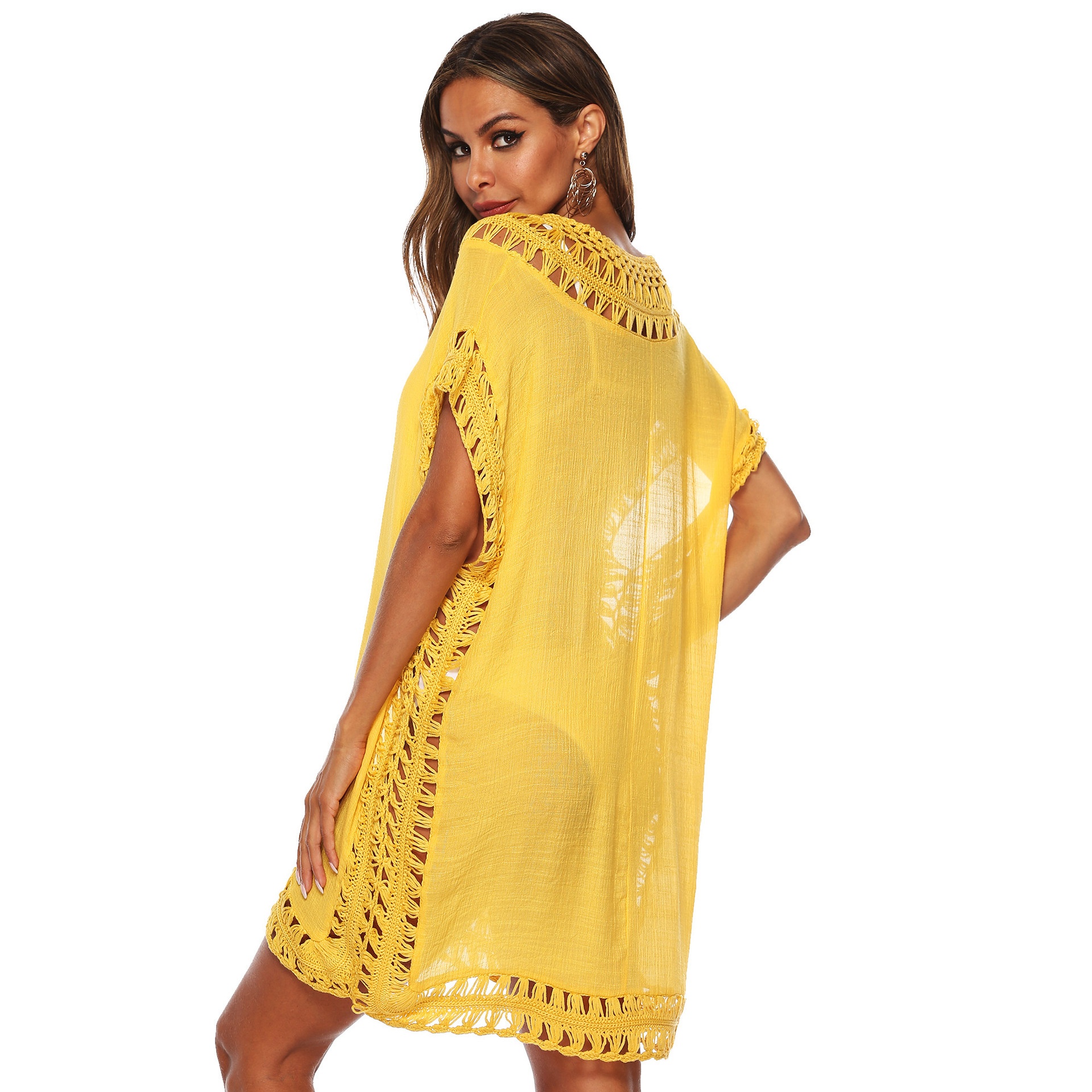 Women's Crochet V-Neck Beach Cover Up Tunic Dress