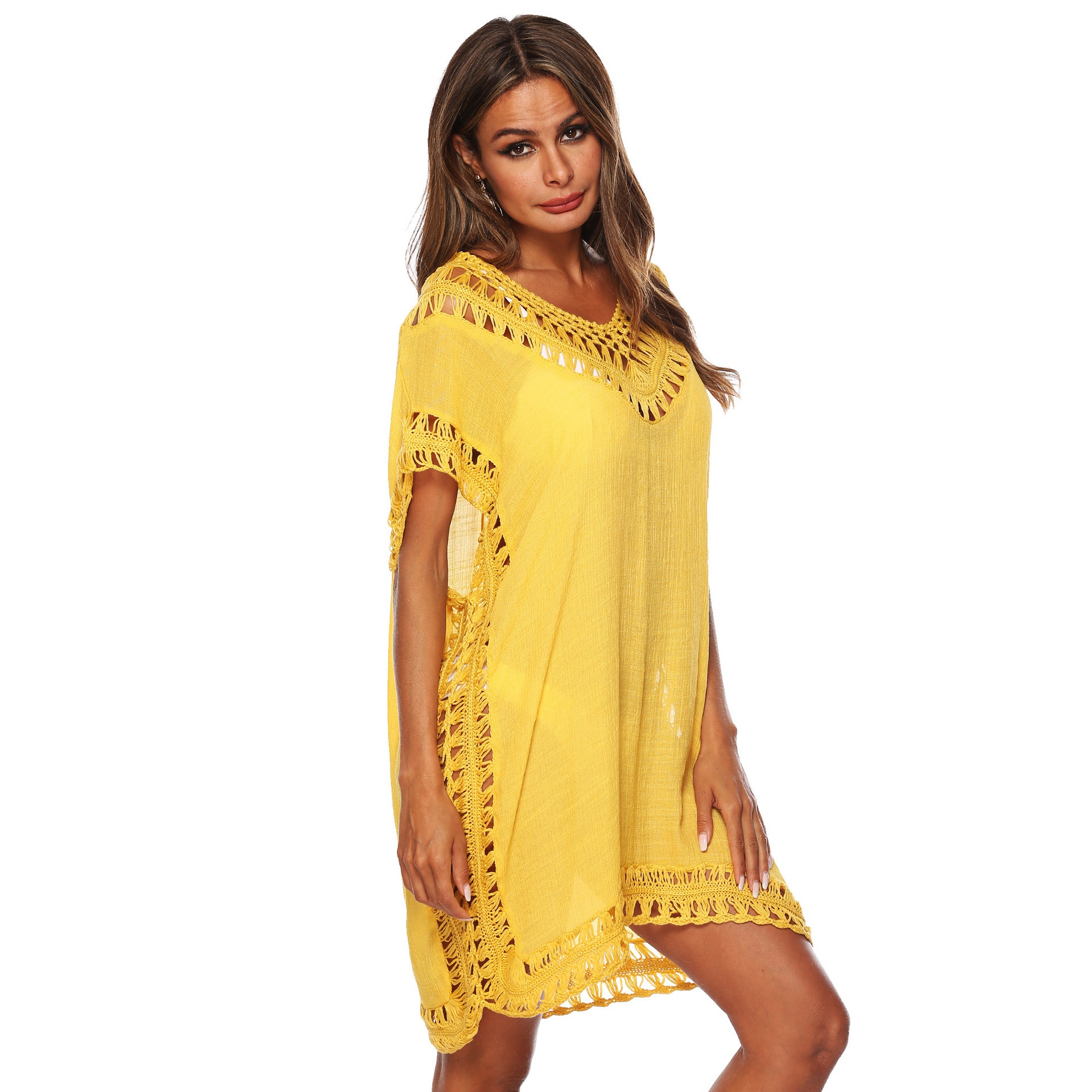 Women's Crochet V-Neck Beach Cover Up Tunic Dress