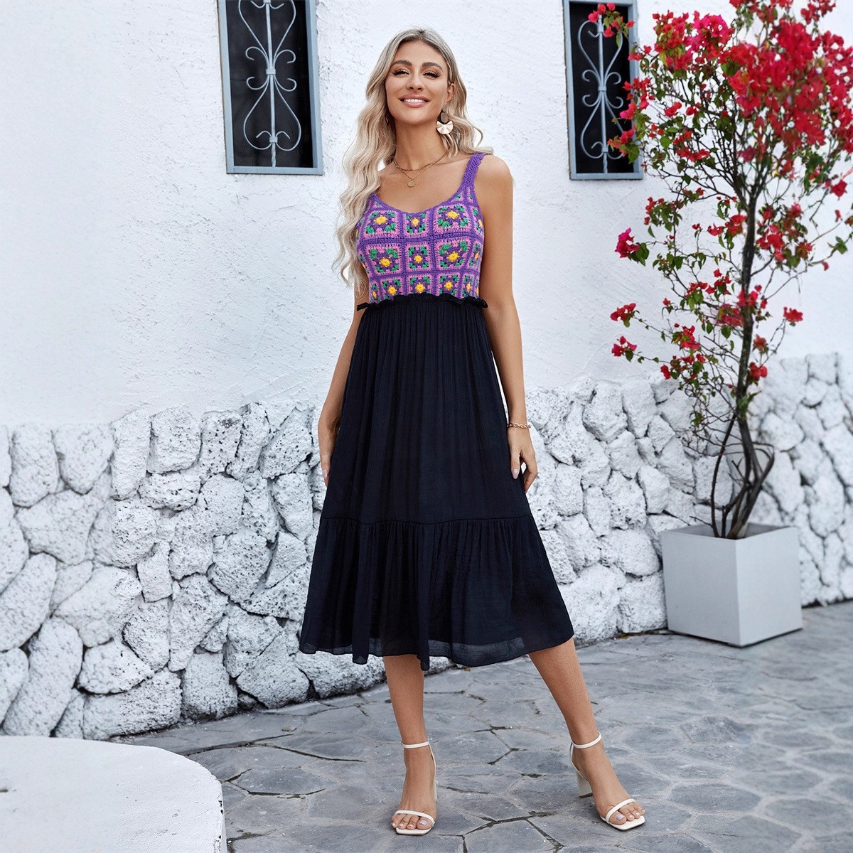 Boho Crochet Patchwork Midi Dress - Summer Style