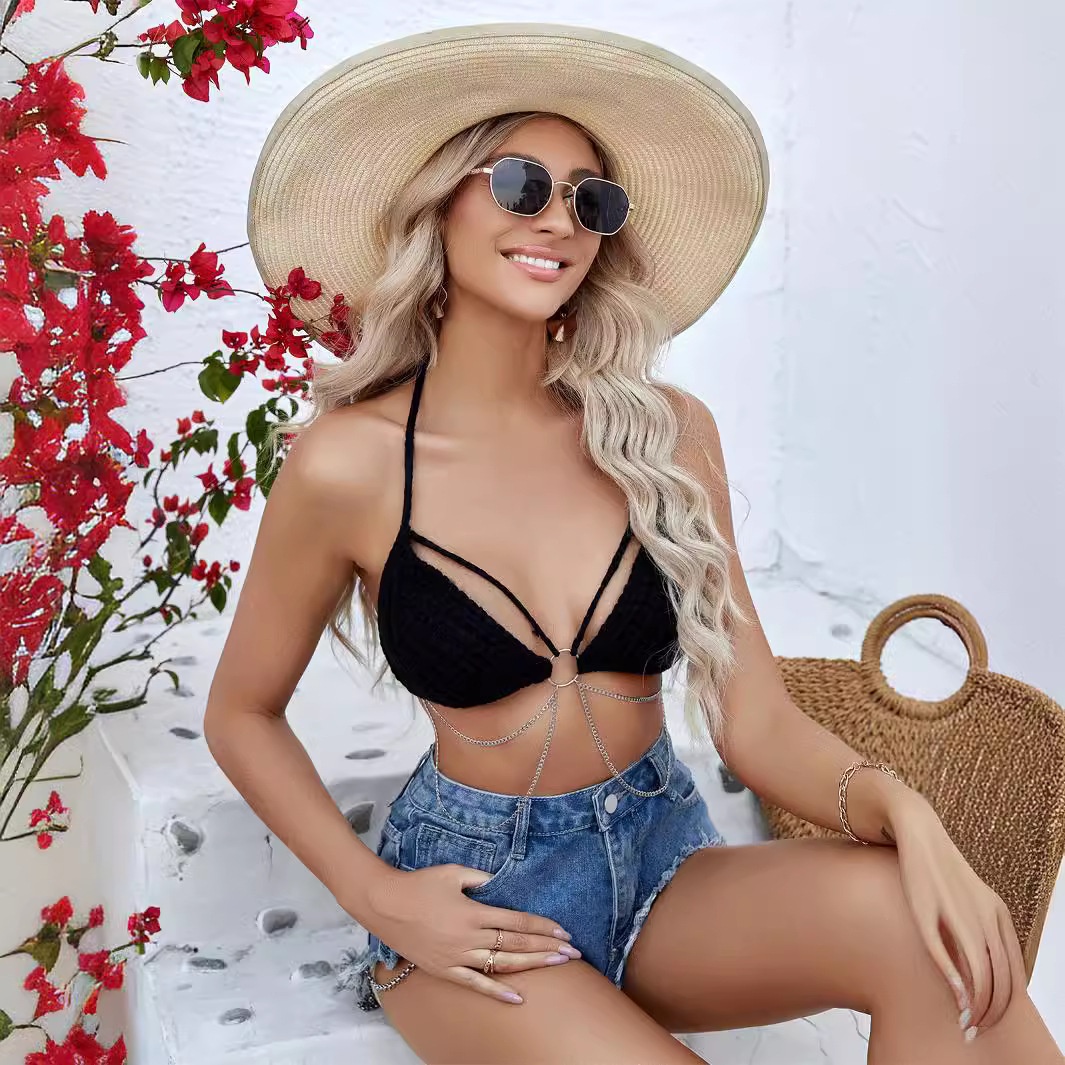Women's Black Crochet Halter Top with Body Chain Detail