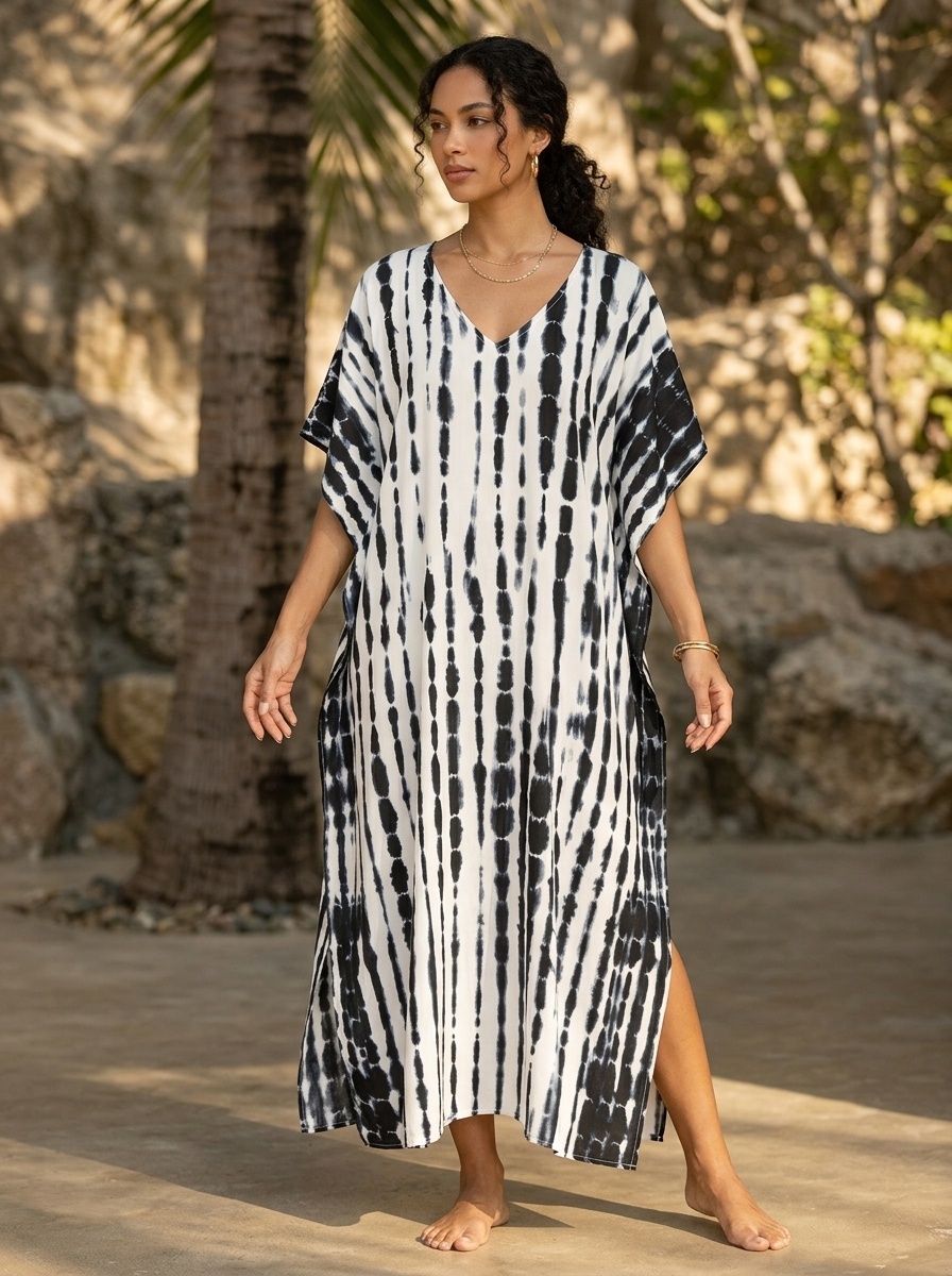 Tie-Dye V-Neck Kaftan Beach Cover-Up Maxi Dress