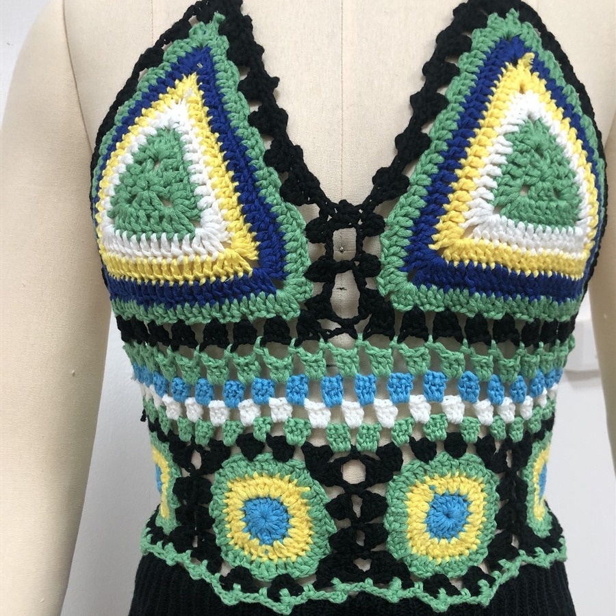 Boho Crochet Halter Crop Top - Festival Knit Beachwear