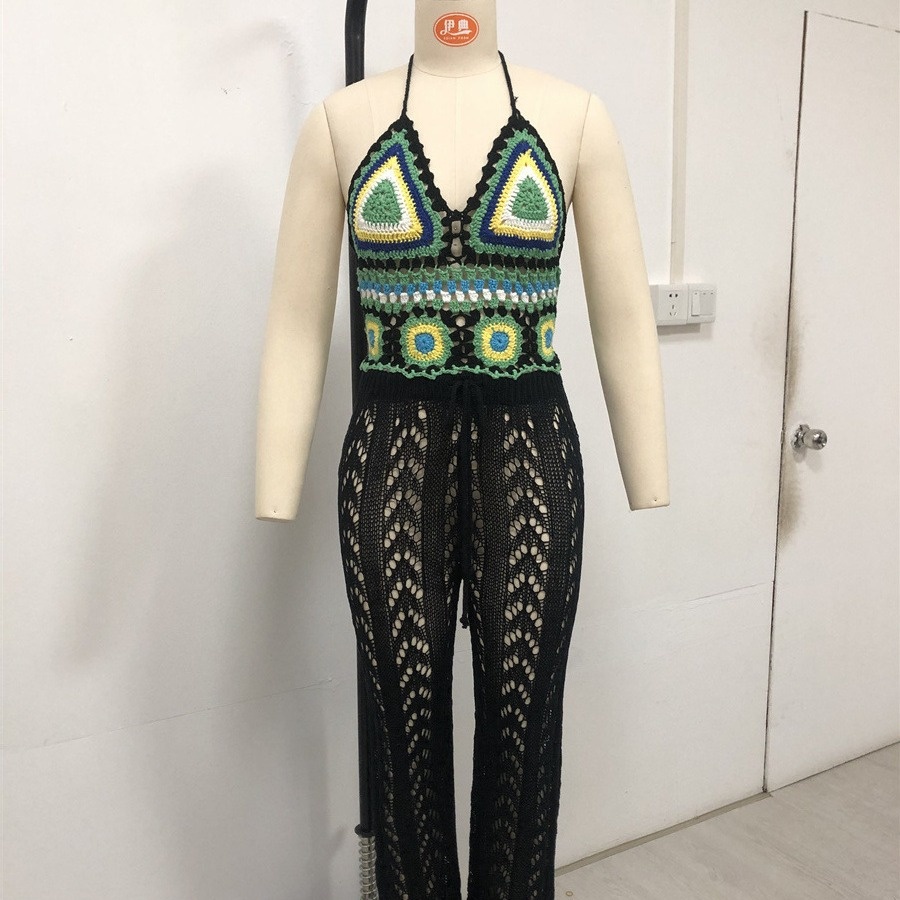 Boho Crochet Halter Crop Top - Festival Knit Beachwear