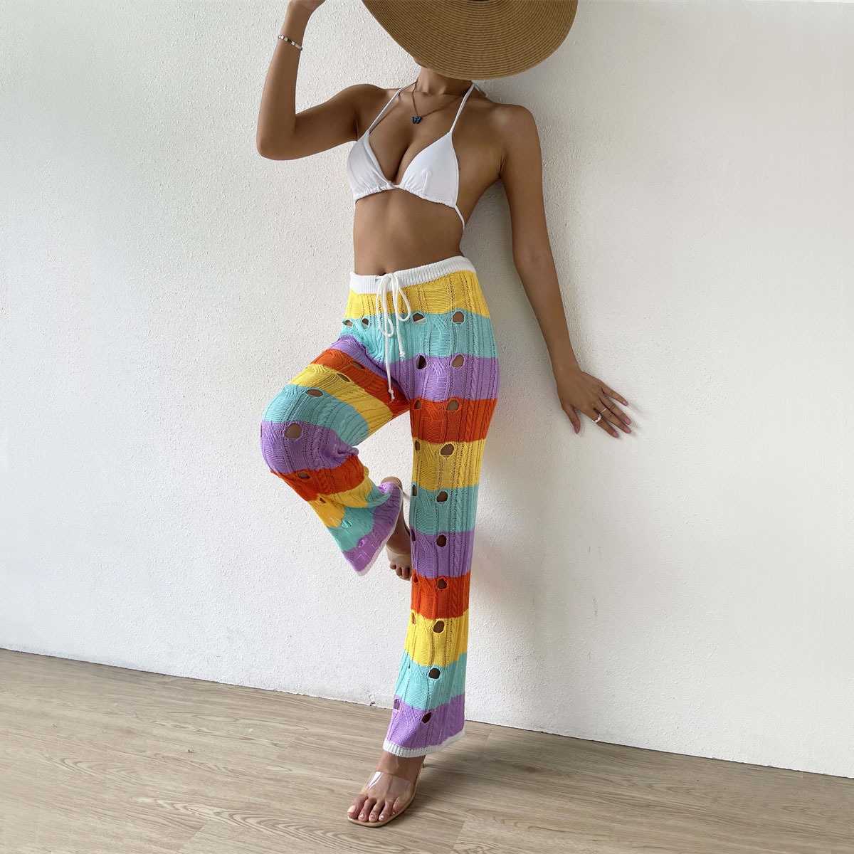 Rainbow Crochet Knit Beach Pants - Striped Wide Leg Cover-Up