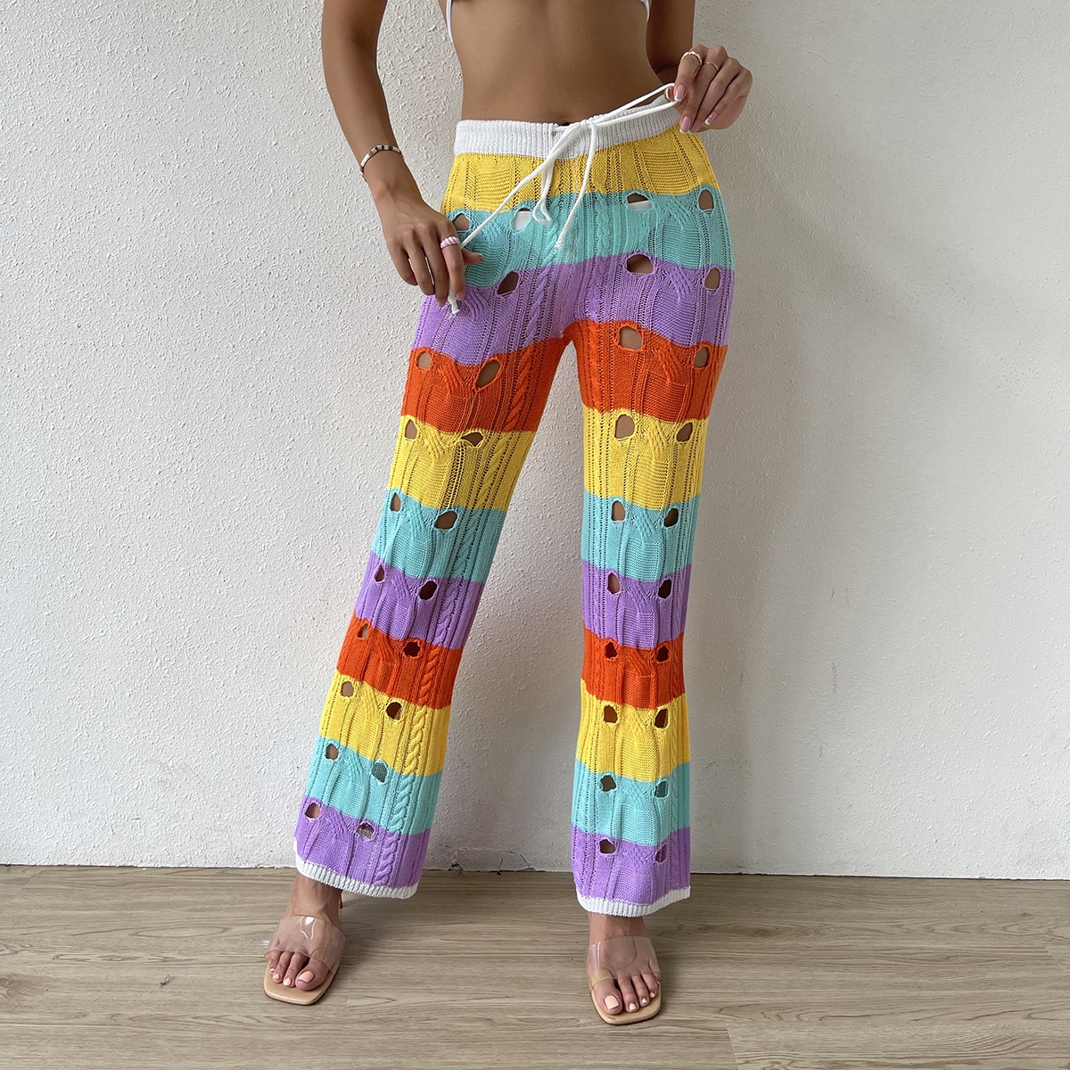 Rainbow Crochet Knit Beach Pants - Striped Wide Leg Cover-Up