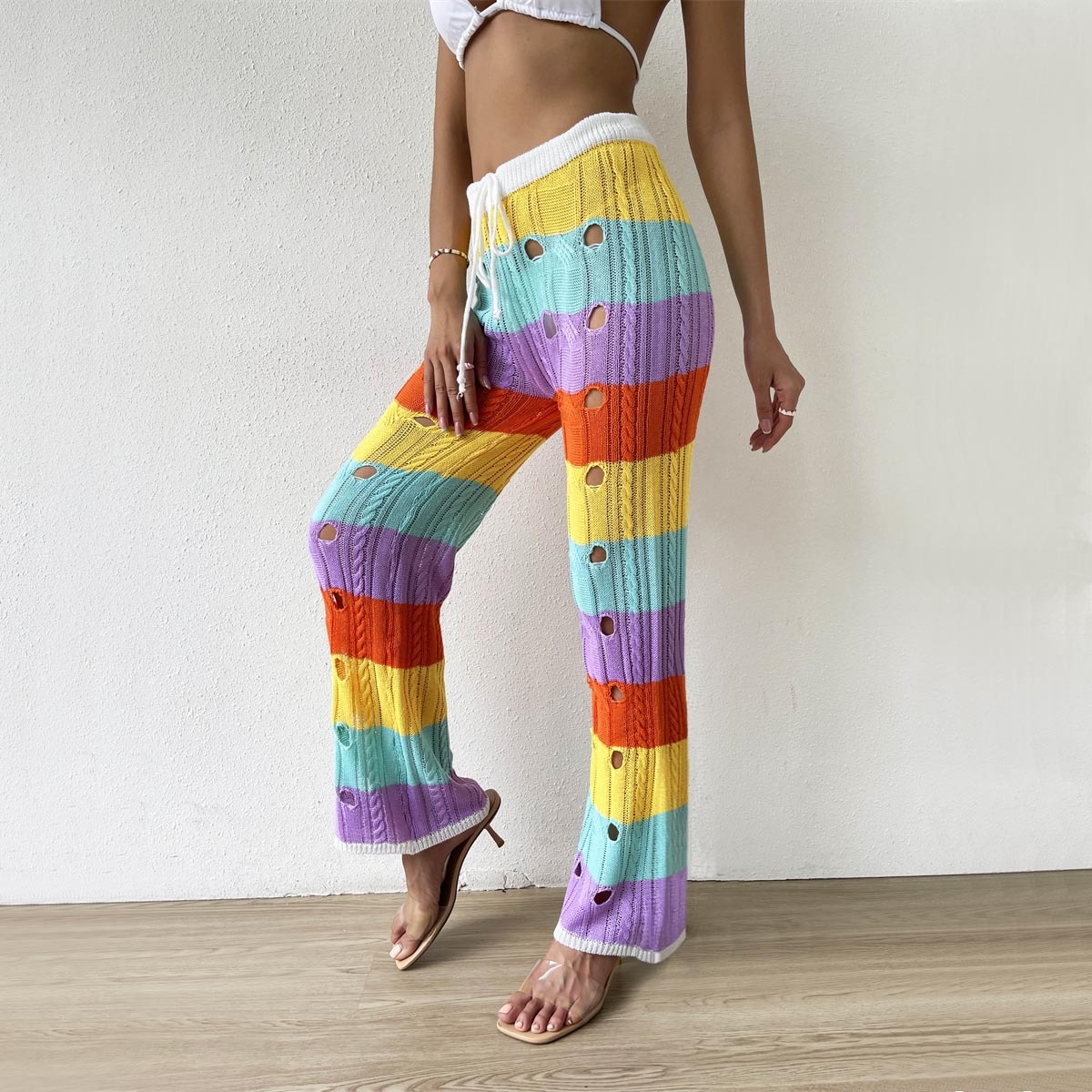 Rainbow Crochet Knit Beach Pants - Striped Wide Leg Cover-Up