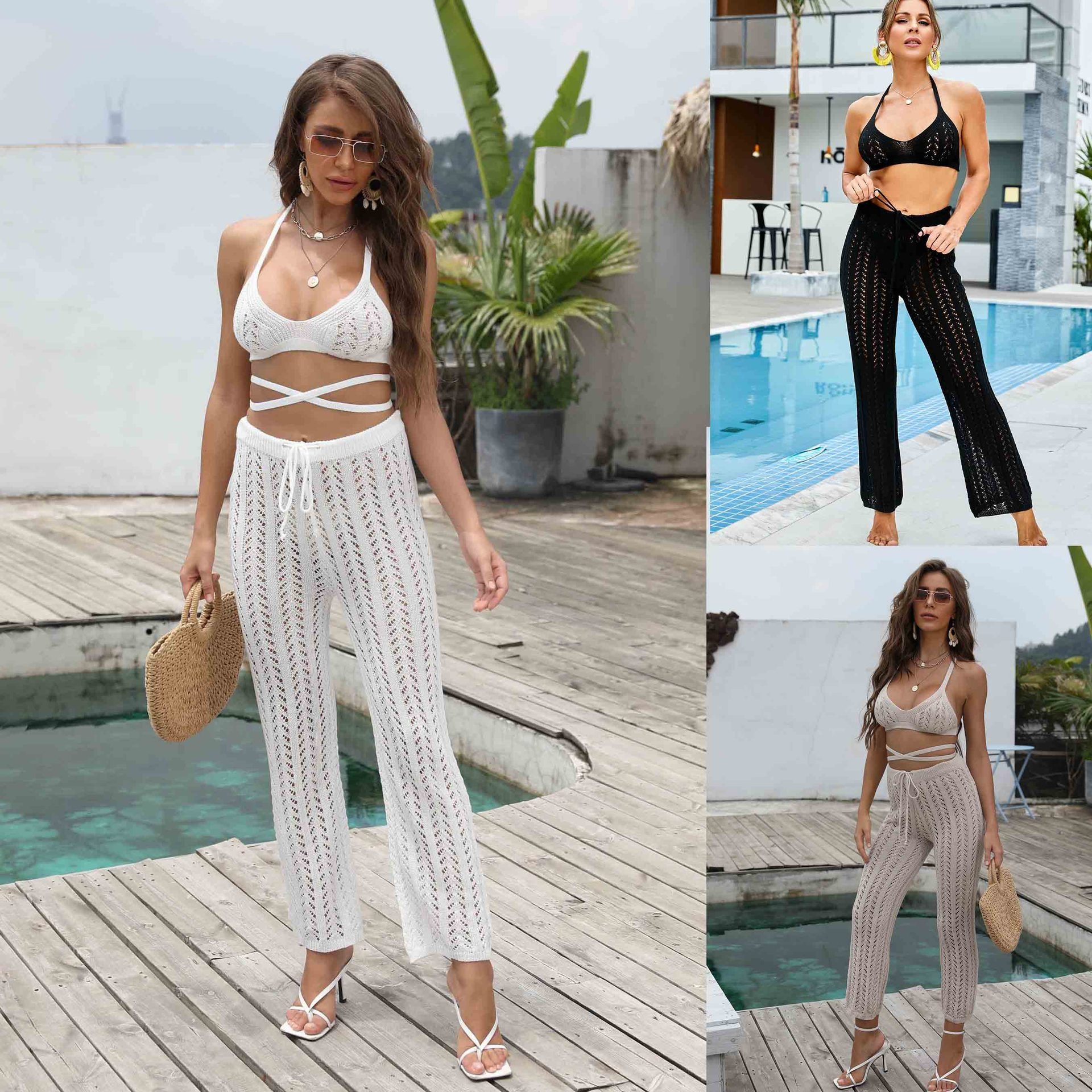 Crochet Knit Halter Top & Wide Leg Pants Beach Set