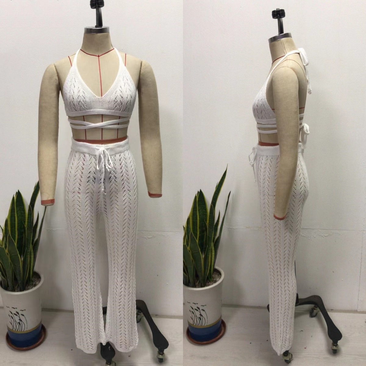 Crochet Knit Halter Top & Wide Leg Pants Beach Set