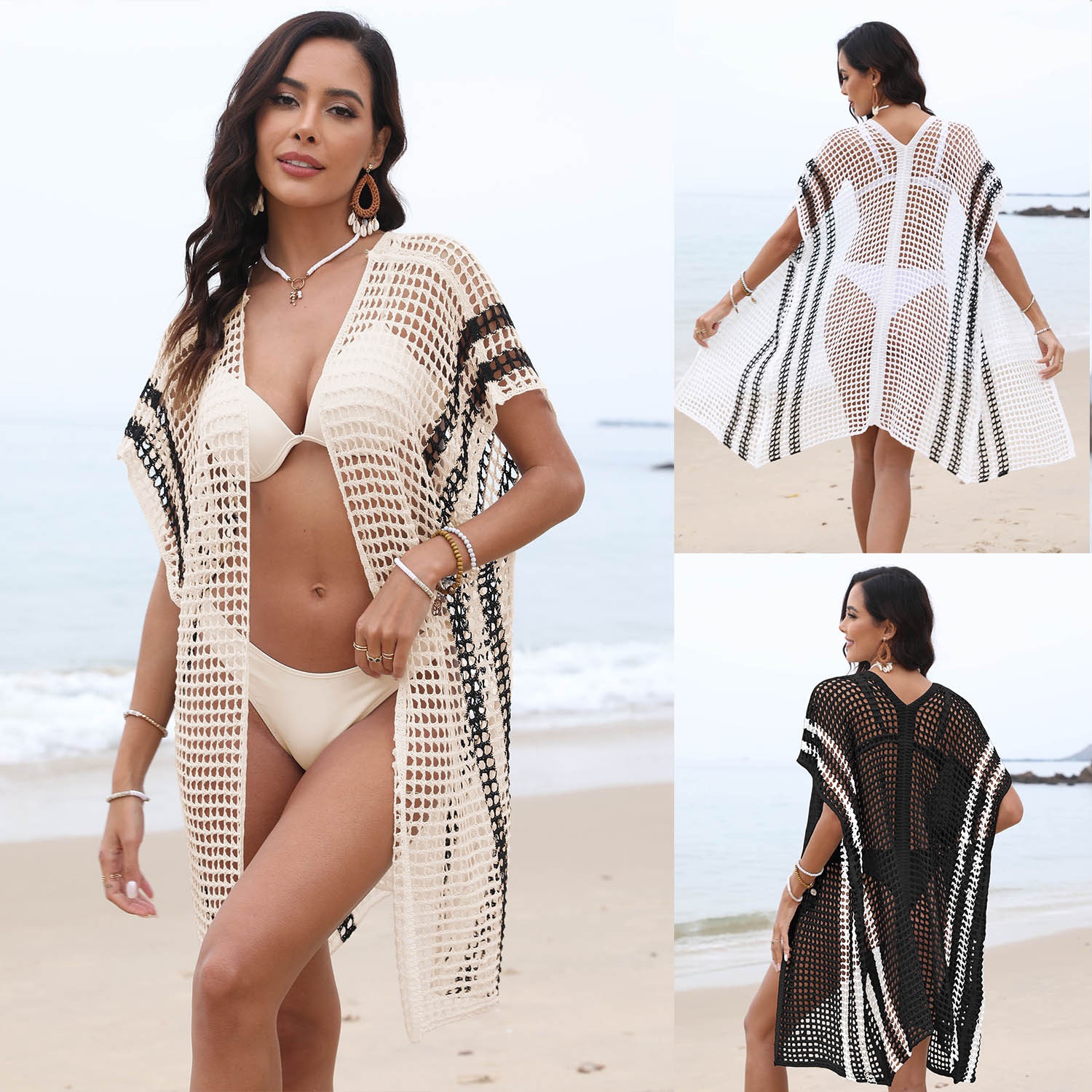 Women's Striped Crochet Knit Beach Cover-Up Cardigan