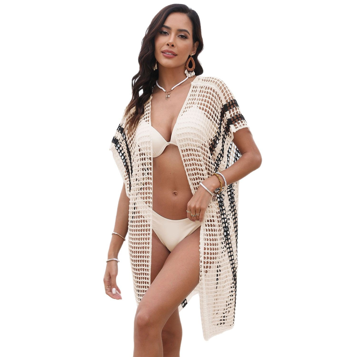 Women's Striped Crochet Knit Beach Cover-Up Cardigan