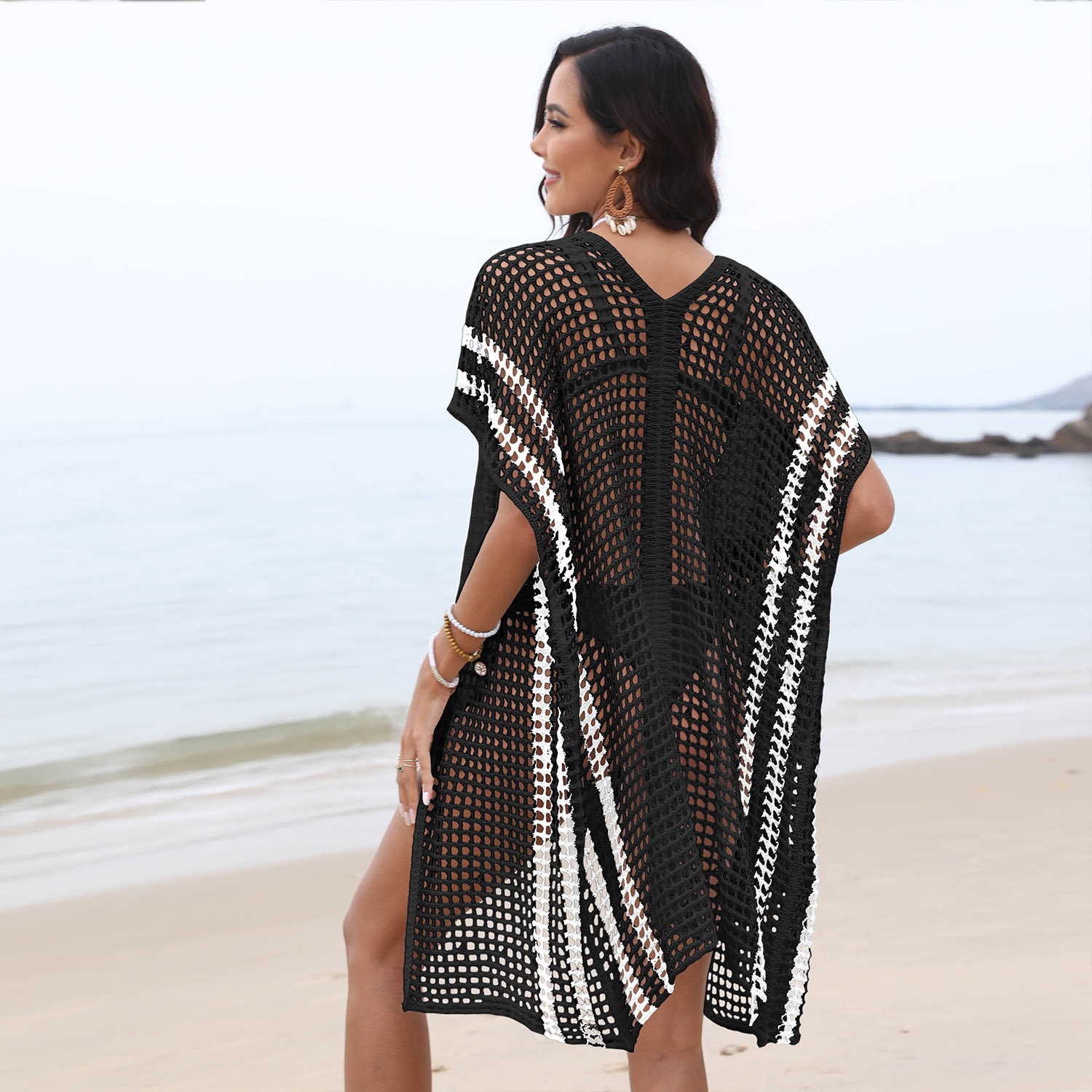 Women's Striped Crochet Knit Beach Cover-Up Cardigan