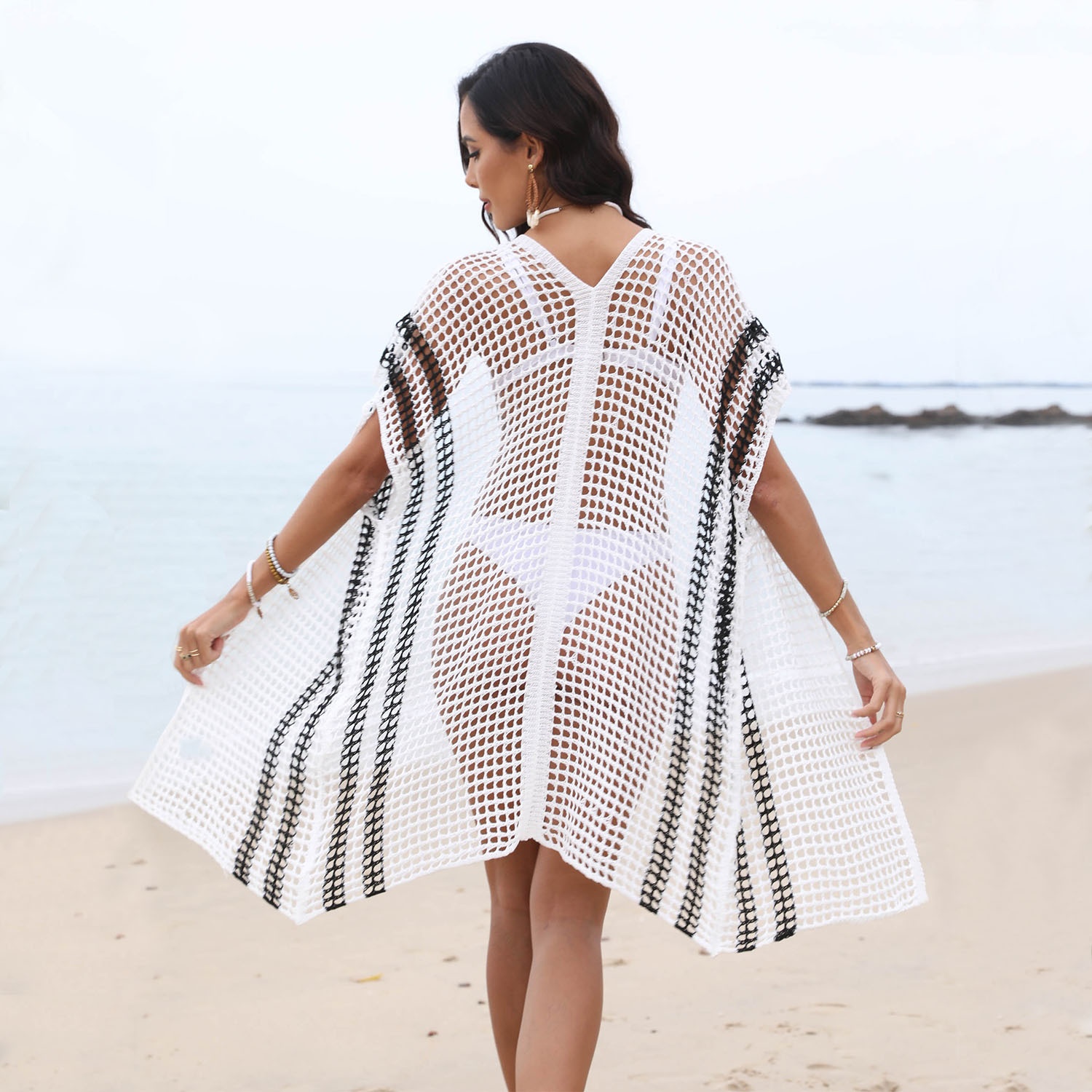 Women's Striped Crochet Knit Beach Cover-Up Cardigan